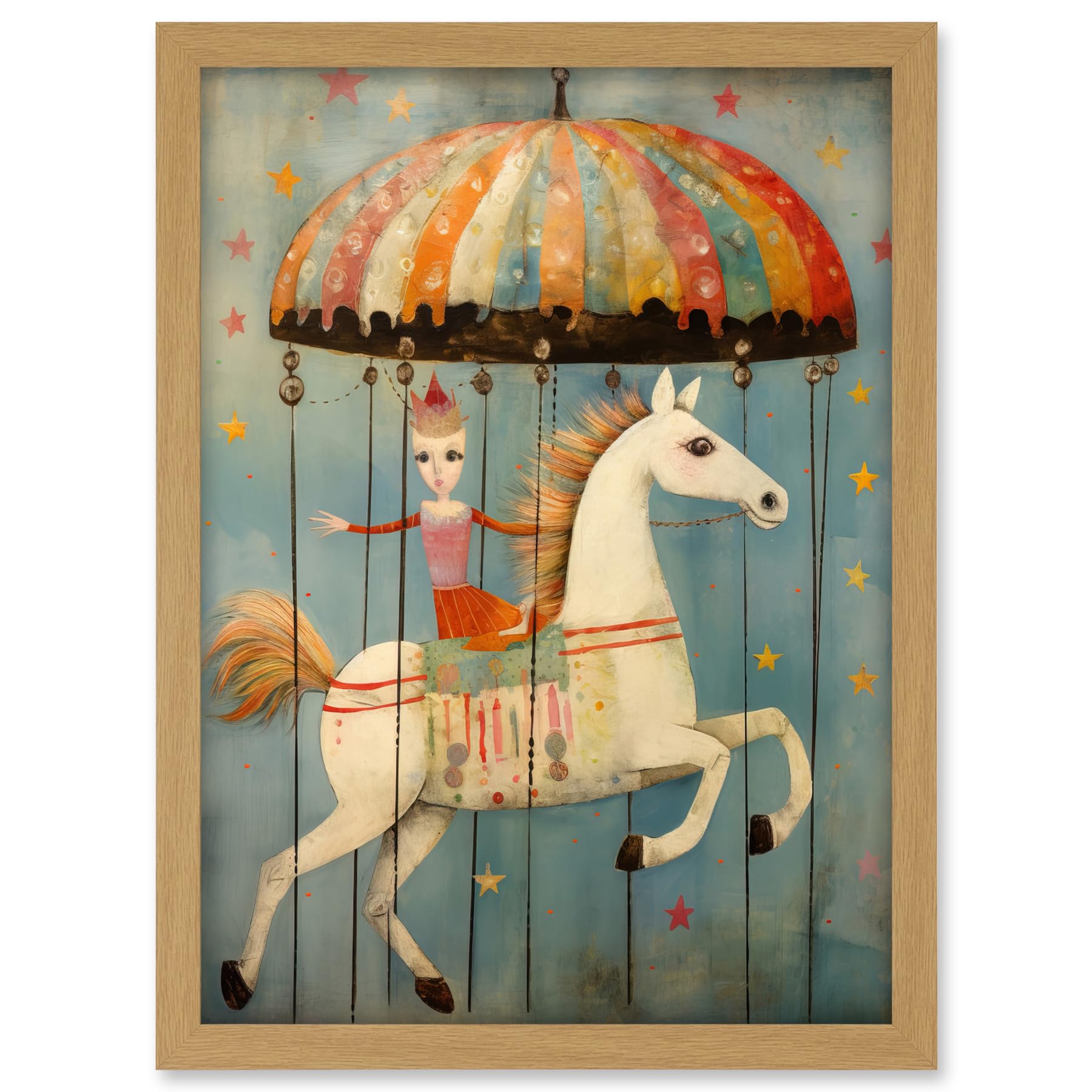 Artery8 Folk Art Whimsical Carousel Fairground Kids Girls Bedroom Artwork Soft Pastel Horse Artwork Framed A3 Wall Art Print