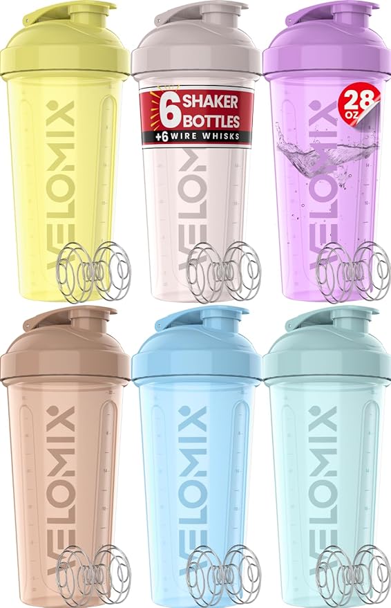 -6 PACK- Shaker Cups for Protein Shakes 28 oz - 6x Wire Whisk | Leak Proof Protein Shaker Bottle for Protein Shakes, Shaker Bottle Pack for Pre & Post Workout
