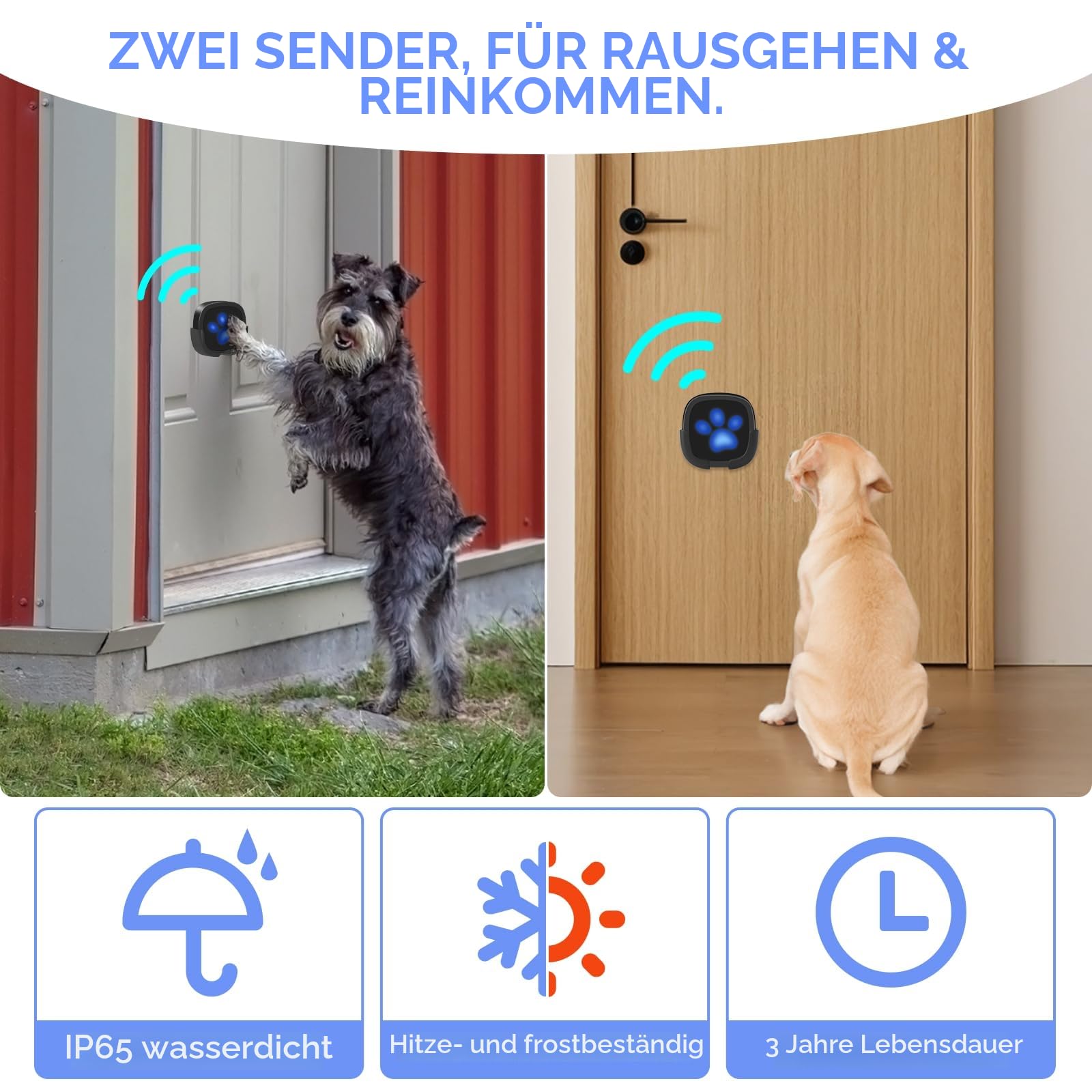 Dog Doorbell, Wireless Ring Bell to Go Outside, IP55 Waterproof Buttons, 55 Melodies, 4 Volume Levels & 950ft Range (Black, 1 Reciever 2 Transmitter)