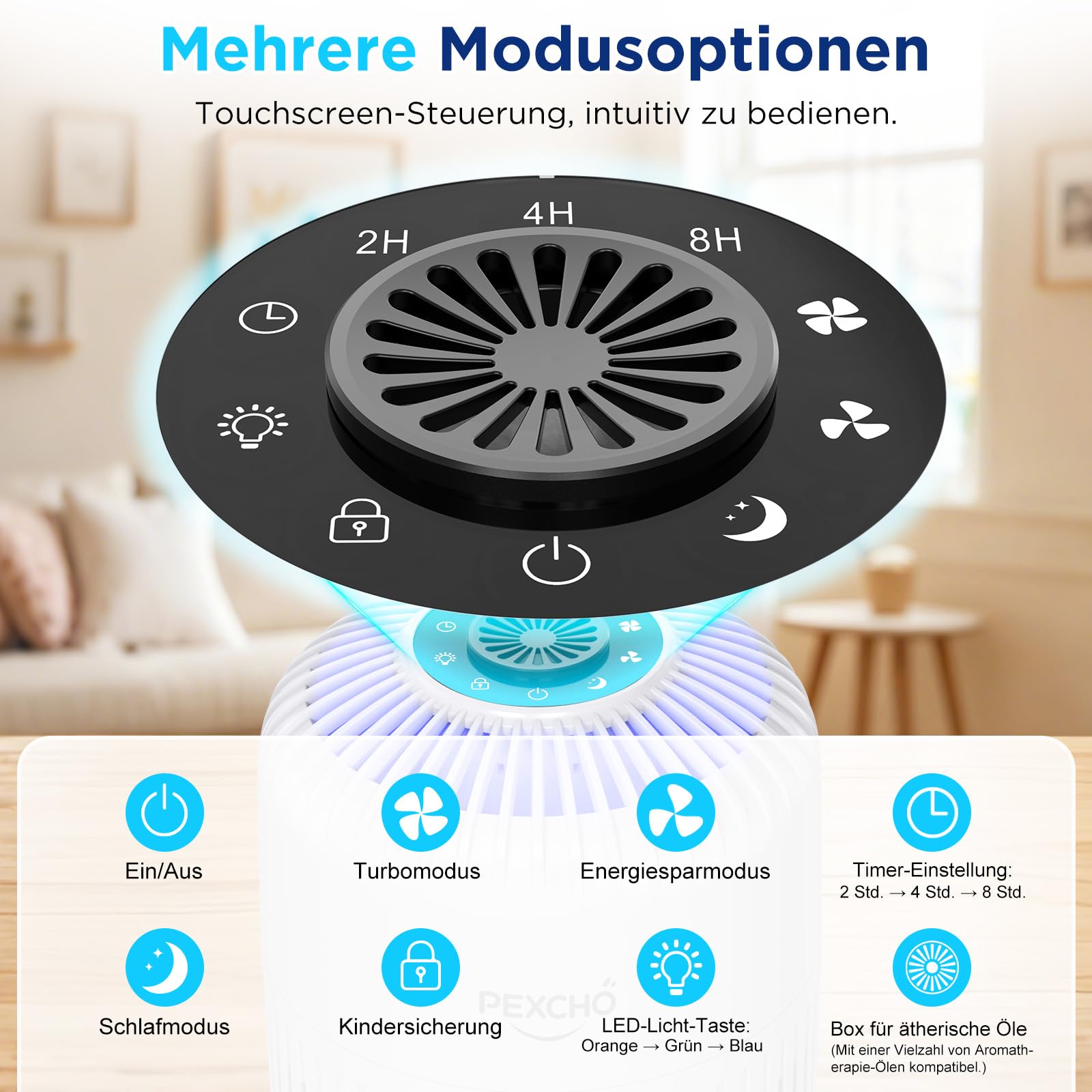 PEXCHO Luftreiniger Allergiker, 4-in-1 HEPA Filter, bis 35㎡ Aroma | App-Steuerung, Timer, 12W Aktivkohle Luftfilter entfernt 99,97% Allergene, Pollen, Tierhaare und Gerüche, Nachtlich leise