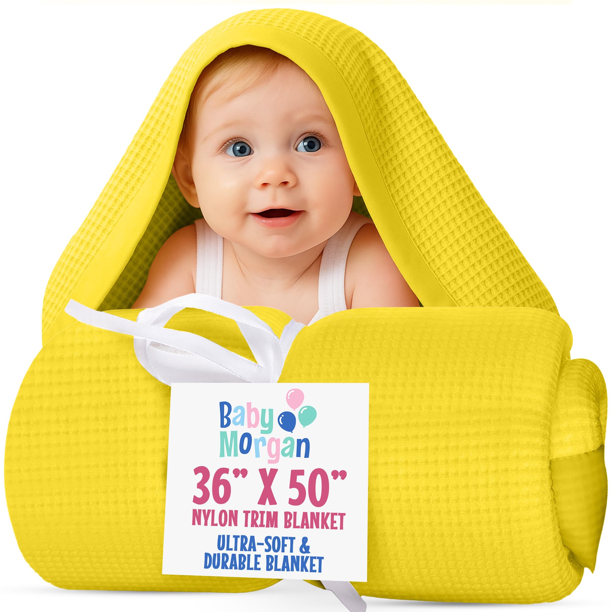 Thermal Waffle Knit Baby Blanket Nylon Trim Yellow 36" x 50"