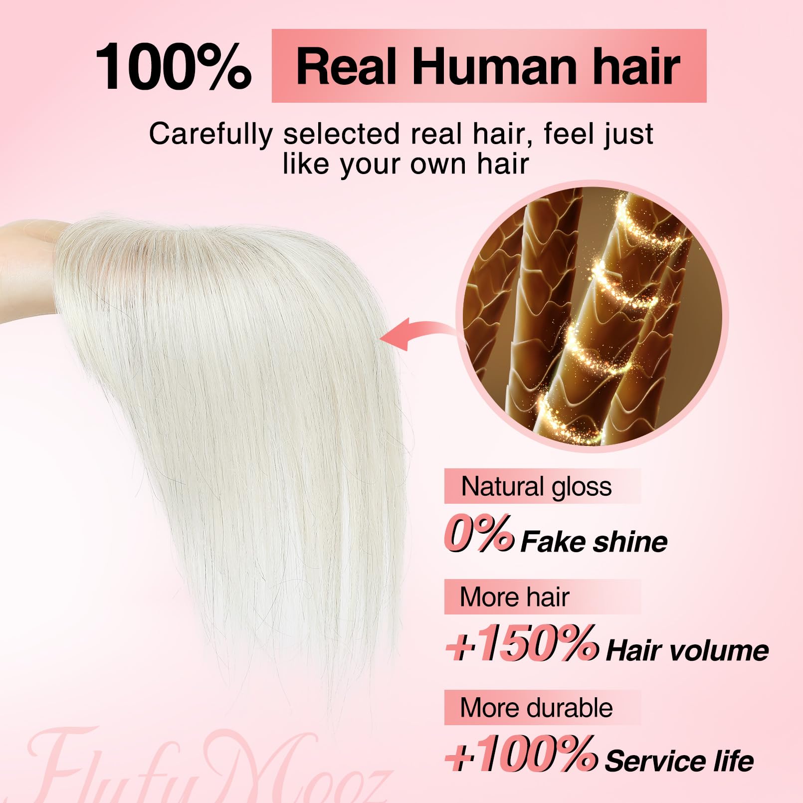 Flufymooz Real Human Hair Toppers for women 10 Inch Clip in Bangs 100% Human Hair Toppers for Thinning Hair Cover Hair Pieces with 150% Density Silk Base-Silver White - Image 2