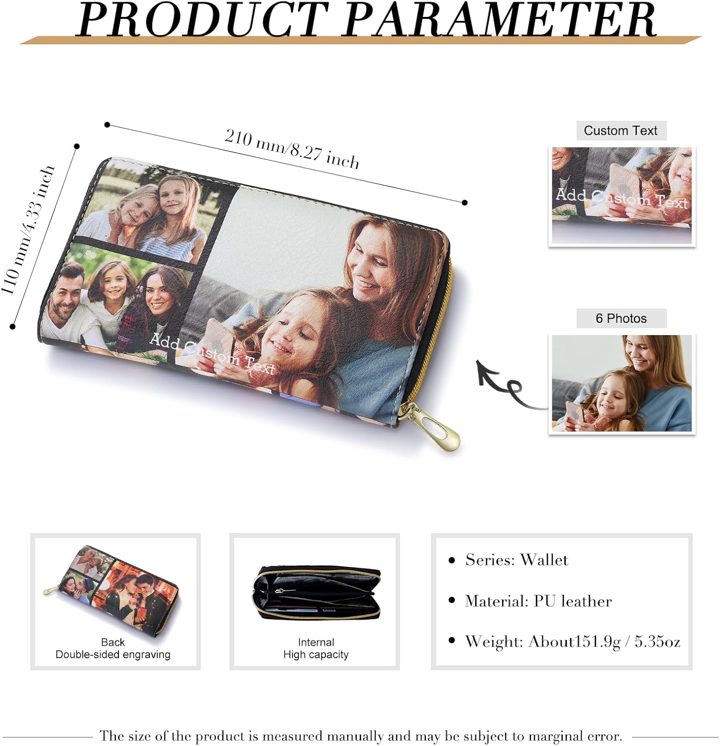 Personalized Leather Wallets for Women Custom Photo Wallet Holder Zipper Engraved Wallets Credit Card Clutch Wallet Valentine's Day Gifts for Mom Her (Style 8)