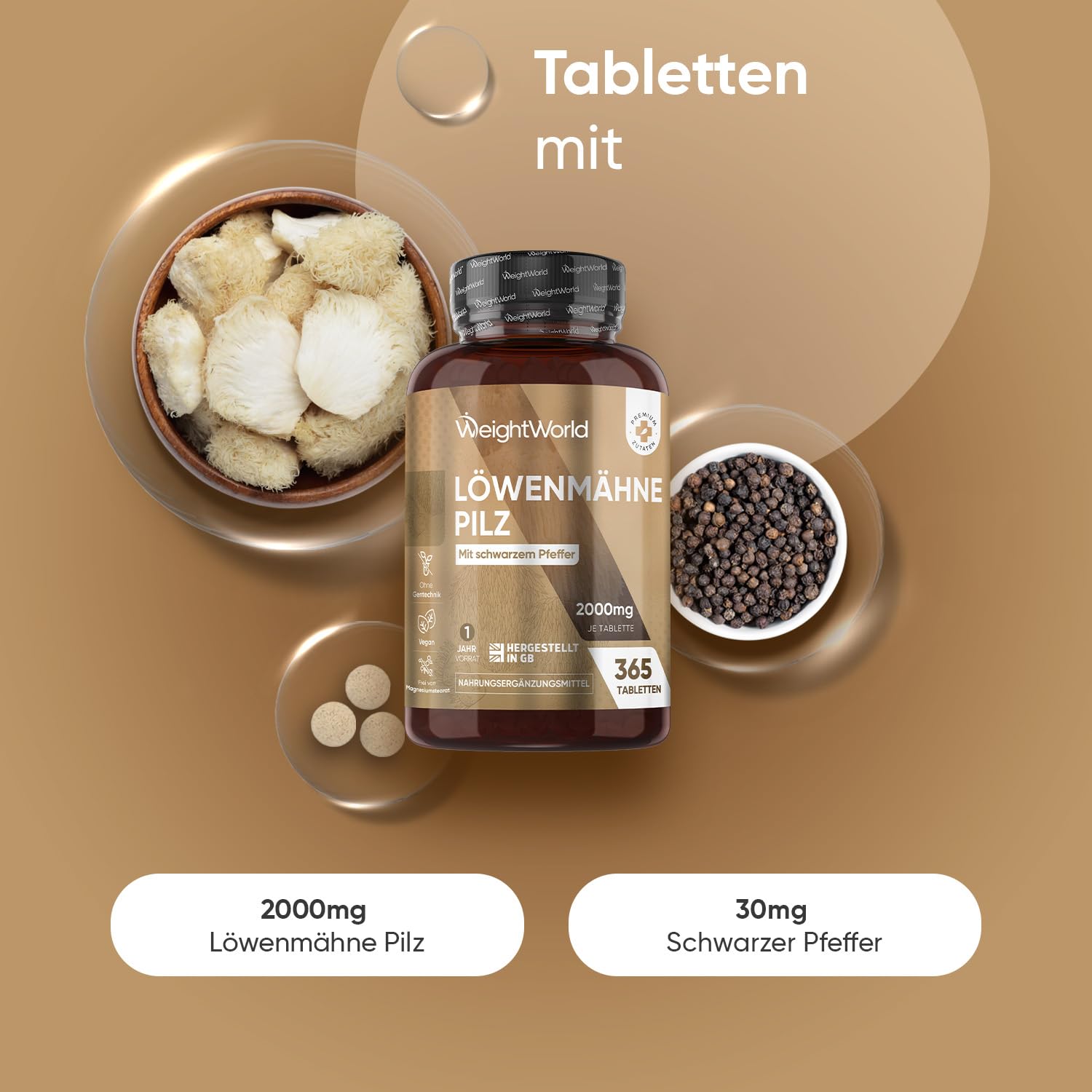 Löwenmähne Pilz 365 Tabletten - 2000mg je Tablette - 50% Polyphenol - Lions Mane Mushroom (Hericium Erinaceus) - 25:1 Extrakt mit Schwarzer Pfeffer 30mg - 1 Jahr Vorrat - WeightWorld