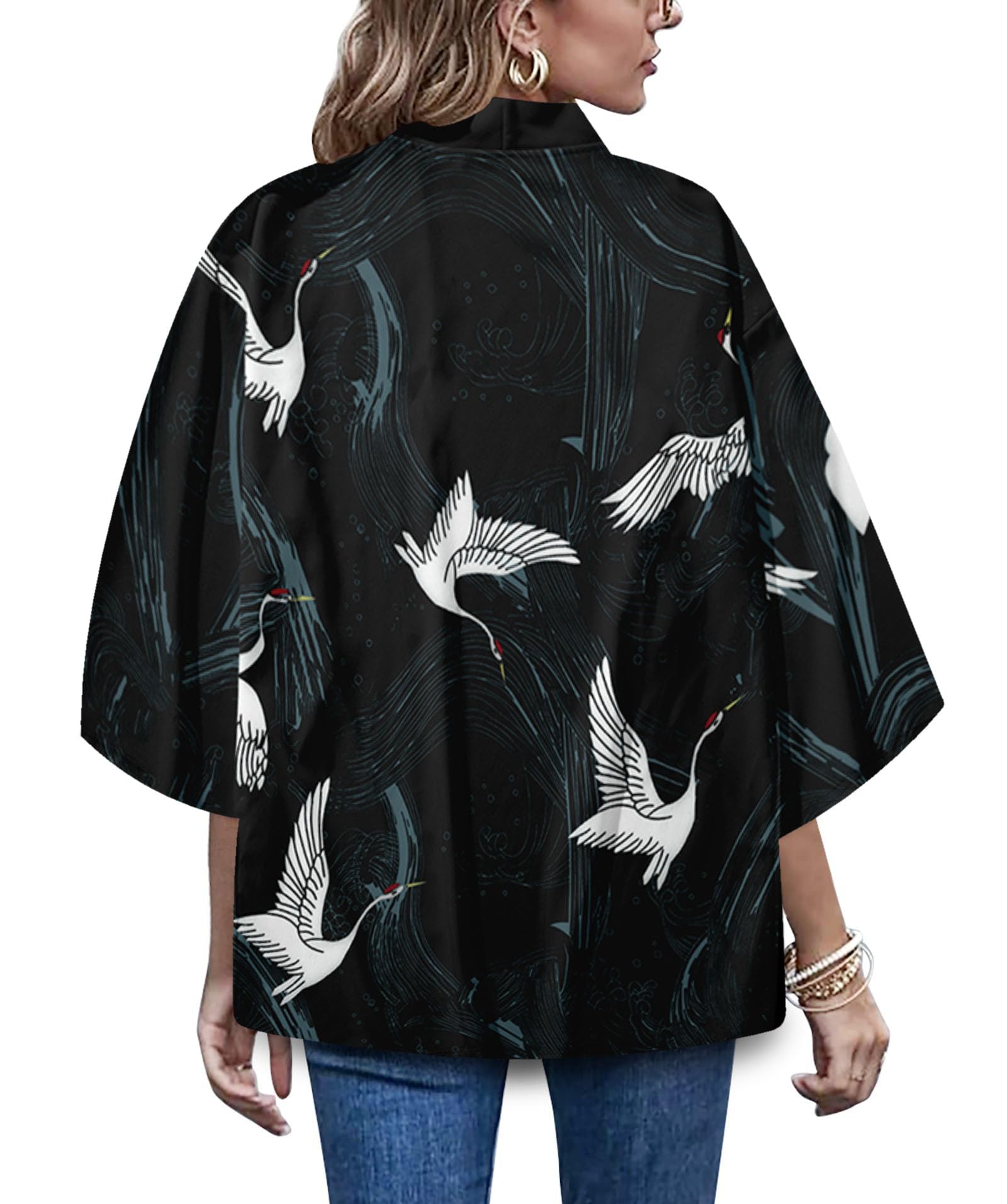 Women's 3/4 Sleeve Loose fit Cardigan Jacket Japanese Style Kimono Cover up OneSize US S-L