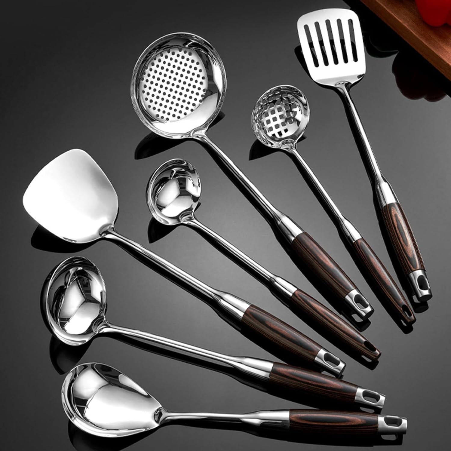 Küchenhelfer-Set aus Edelstahl 316 mit verbrühungsfestem Holzgriff zum Kochen, Küchenhelfer-Set mit drehbarem Ständer, spülmaschinenfest