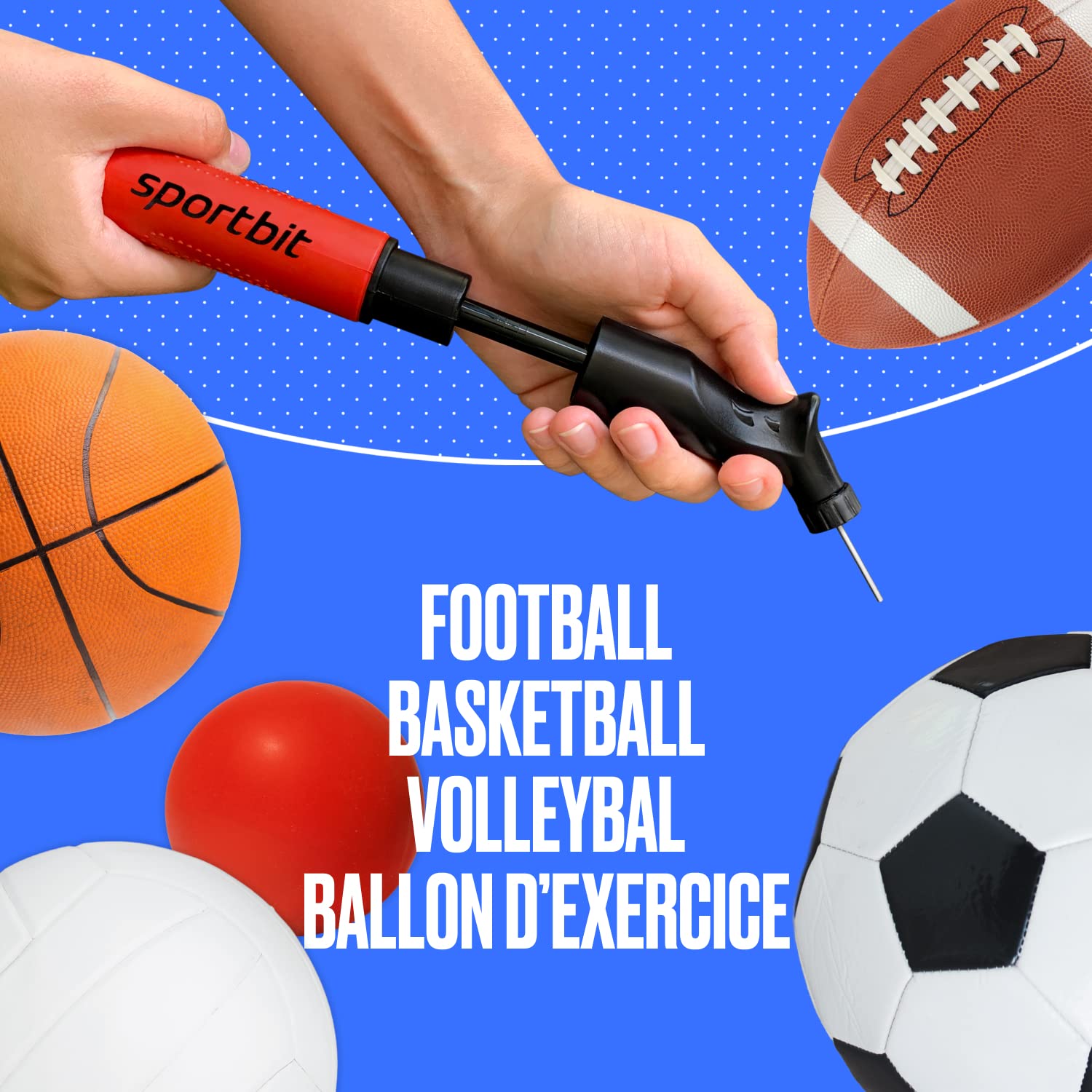 SPORTBIT Pompe à Ballon avec 5 Aiguilles – Système Push & Pull – Pompe à Air Portable pour Football, Basketball, Volleyball et Ballons de Sport