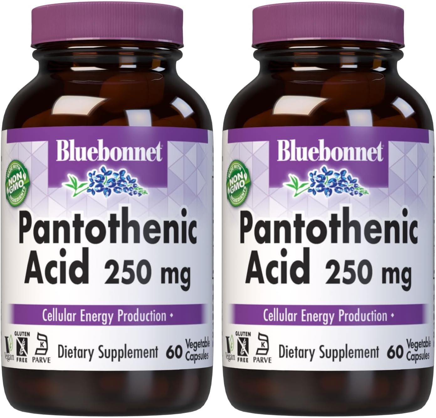 BlueBonnet Nutrition Pantothenic Acid 250 mg Daily Vitamin B5 Supplement for Cellular Energy for Women & Men - Vegan, Gluten-Free, Non-GMO - 60 Vegetable Capsules (Pack of 2)
