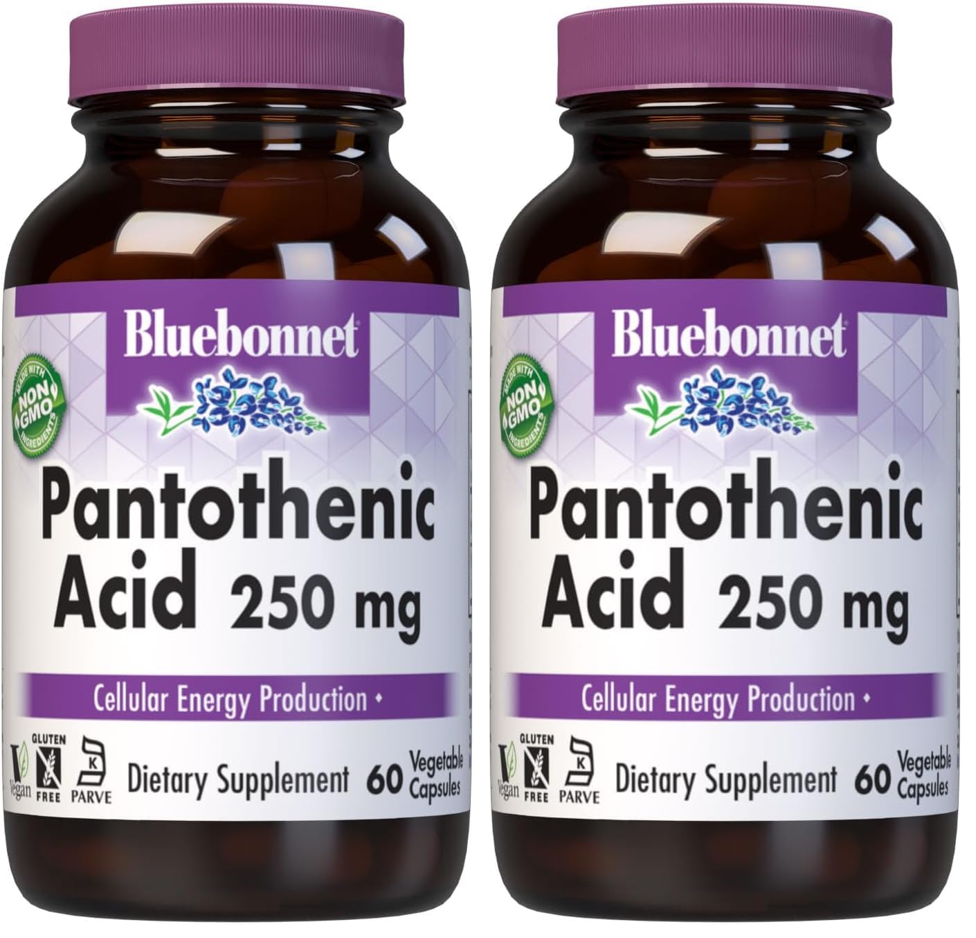 BlueBonnet Nutrition Pantothenic Acid 250 mg, 60 Vegetable Capsules 60 Count (Pack of 2)