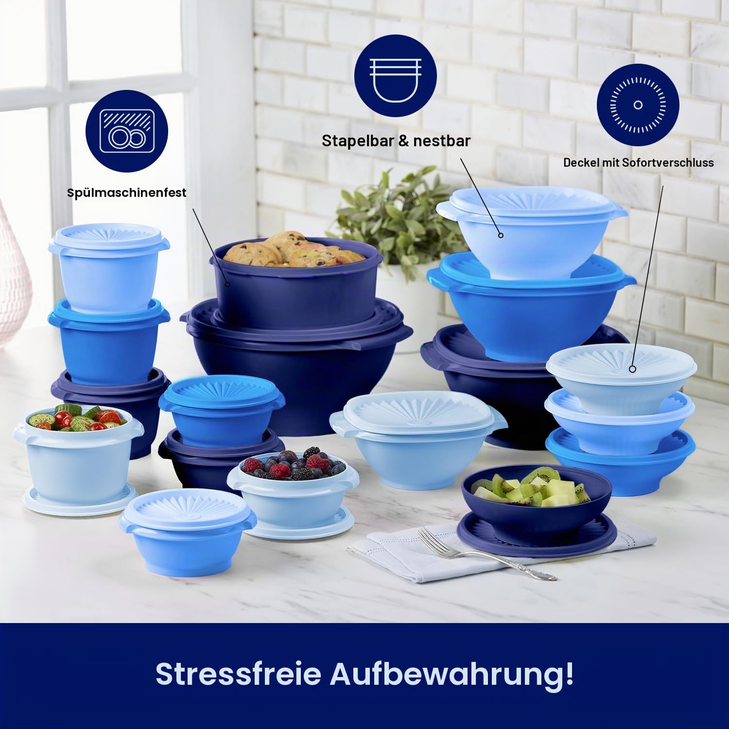 Tupperware Heritage Collection, neues 36-teiliges Lebensmittelbehälter-Set in Vintage-Blau, spülmaschinenfest und BPA-frei (18 Behälter, 18 Deckel) Küche, Haushalt & Wohnen