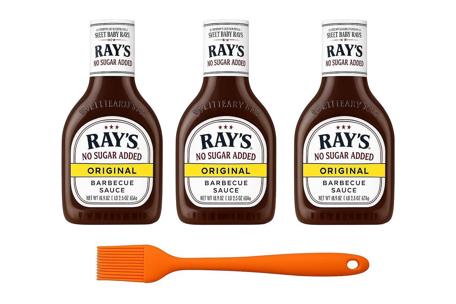 Sweet Baby Ray’s No Sugar Added BBQ Sauce – Original Flavor, 18.5 oz (Pack of 3) + Silicone Basting Brush | Keto Friendly, Low Carb Barbecue Bundle
