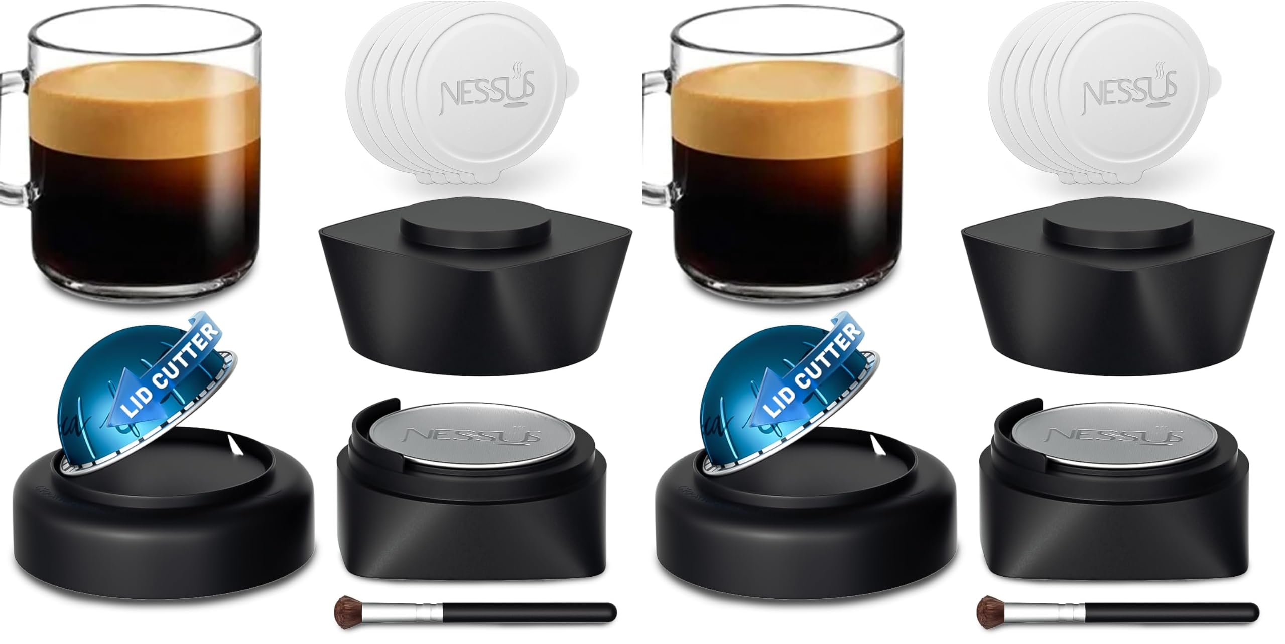 NESSUS Refill Kit for Reusable Nespresso Vertuo Pods, Lid Quick Opener for Original Seal, 50PCS Aluminum Foil Lids, Tamp &amp; Press Refillable Vertuo Capsules Holder and Brush (Pack of 2)