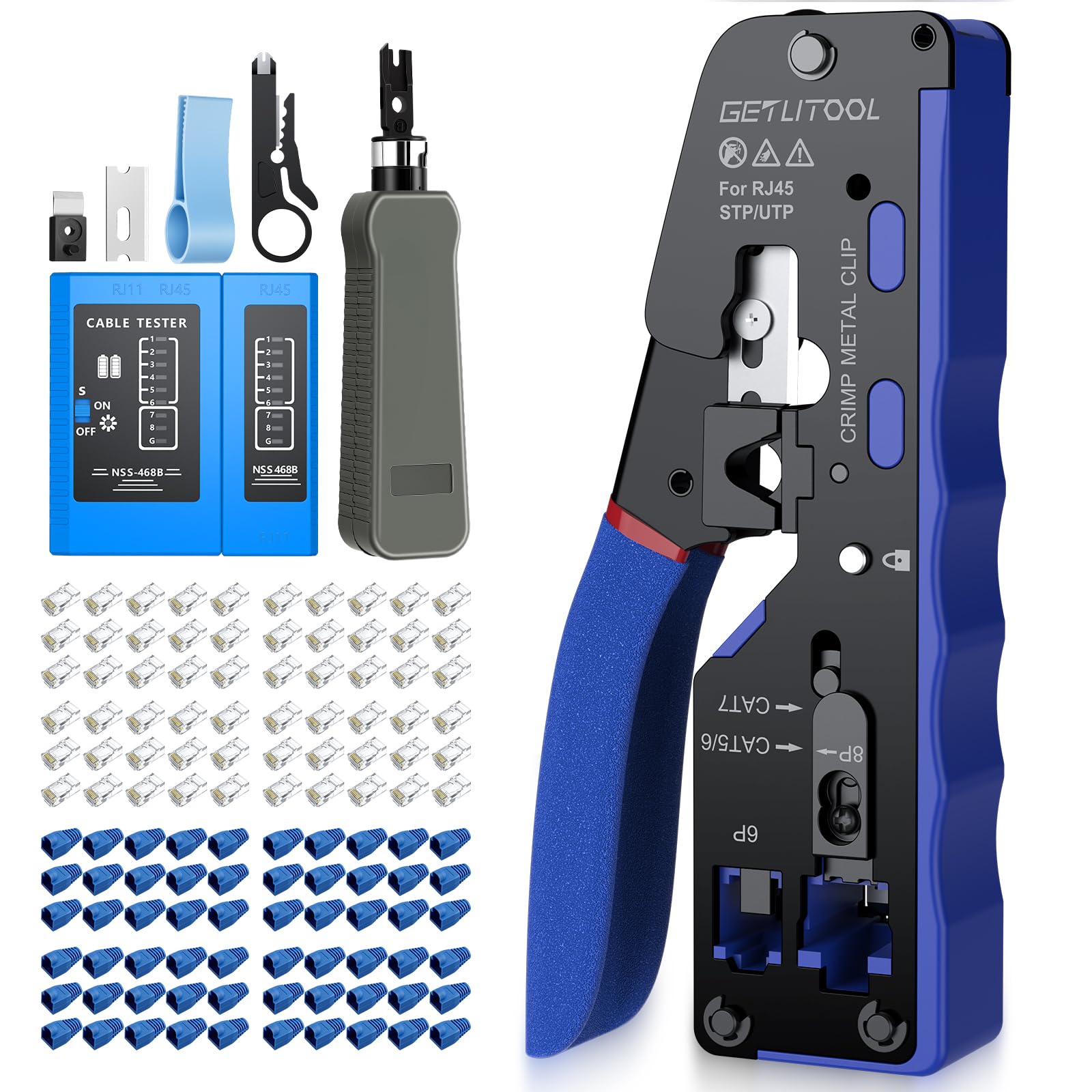 GETLITOOL RJ45 Crimping Tool Kit, RJ45 Crimping Pliers for Cat5e/Cat6/Cat6a/Cat7 with 60x Plated Connectors, 60 Boots/Cable Tester/Punch Down Tool/Wire Stripper, Complete Ethernet Cable Crimping Kit