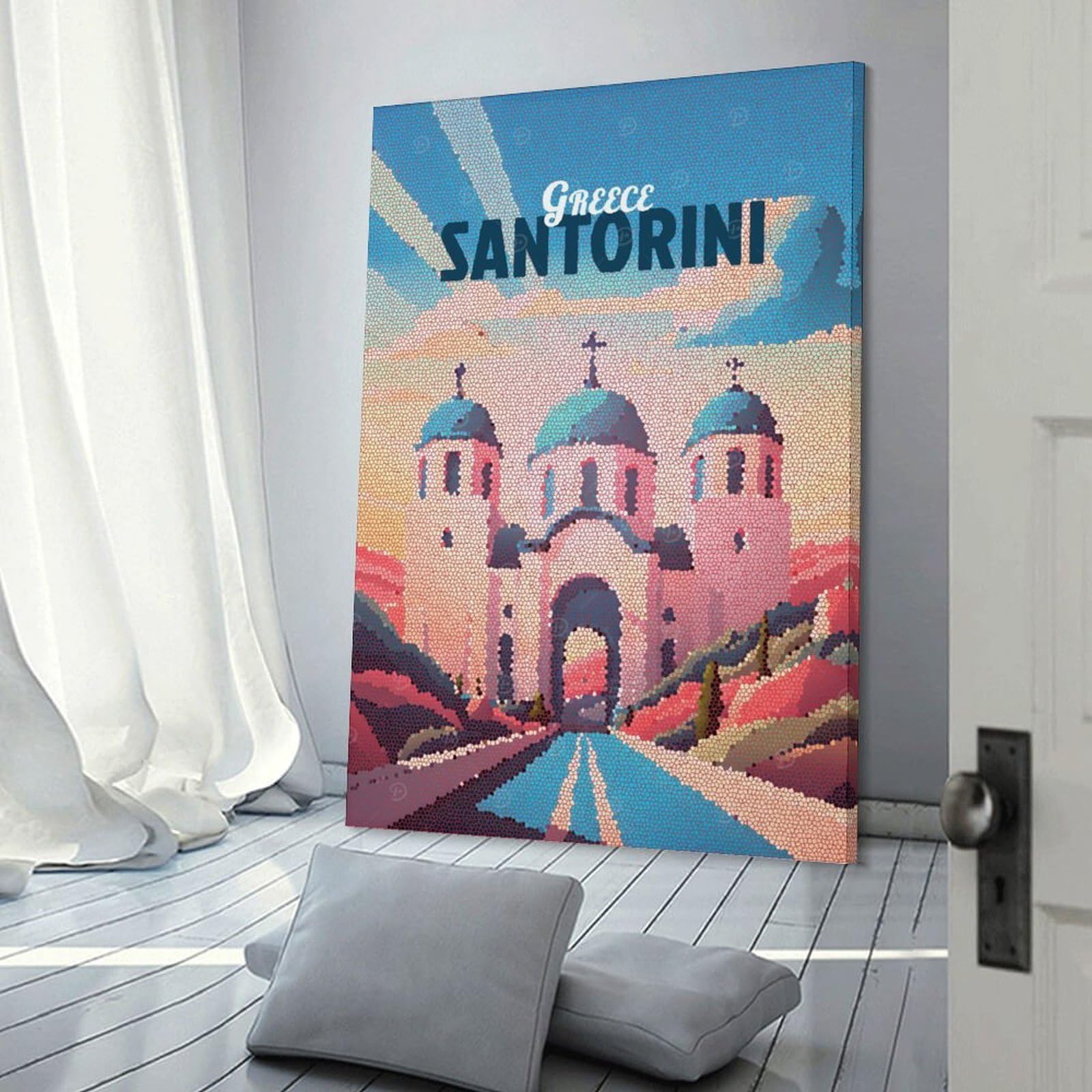 Junmoney Decorative Canvas Print Greece Santorini Travel, 24x36inch(60x90cm), for Entrance Walls, Hall Decor Or Foyers, A Stylish Accent for Home Entrances
