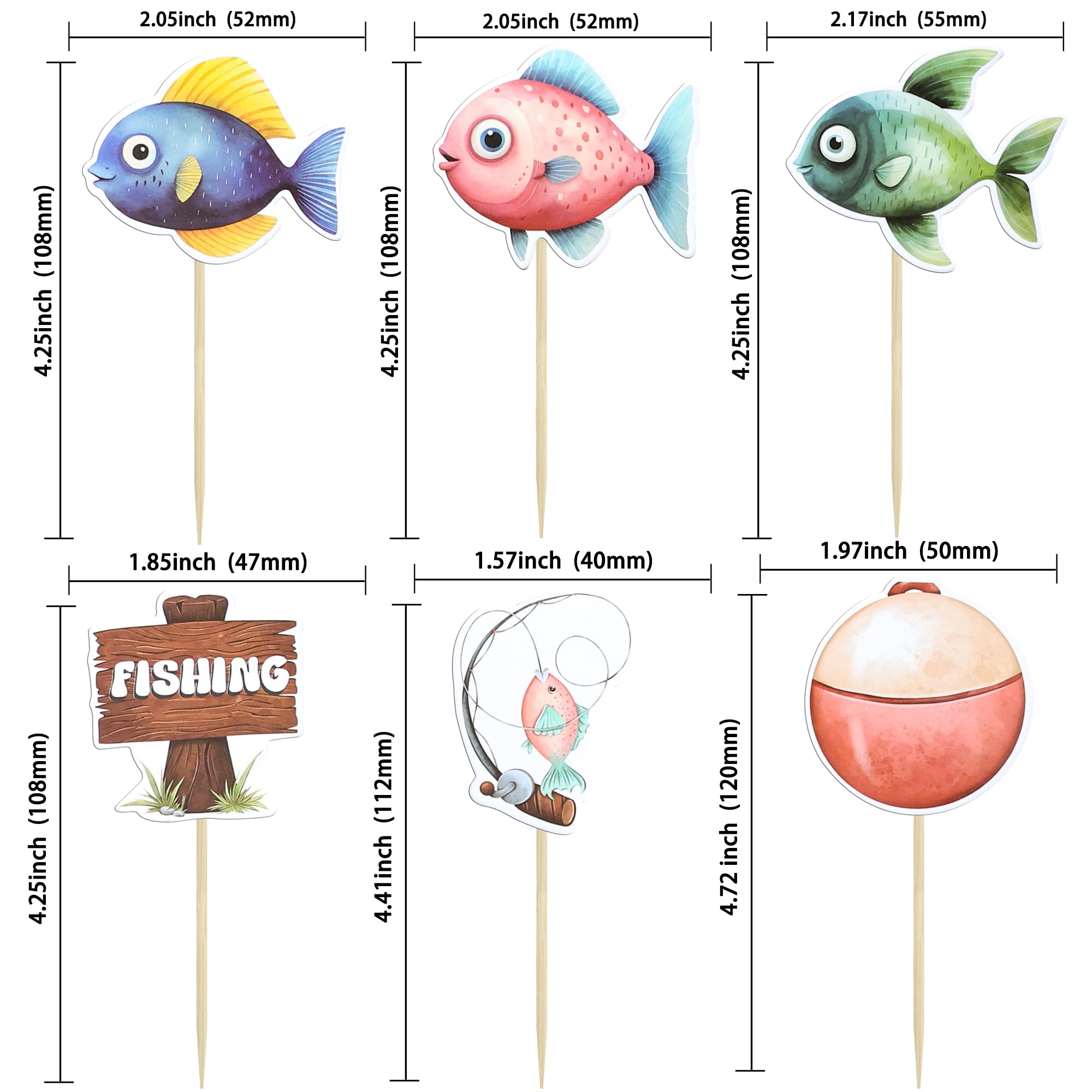 Ephlyn 36Pcs Fishing Cupcake Toppers Gone Fishing Party Cupcake Picks for Fisherman Birthday Party Decorations Fisherman Fishing Pole Theme Party Baby Shower Supplies
