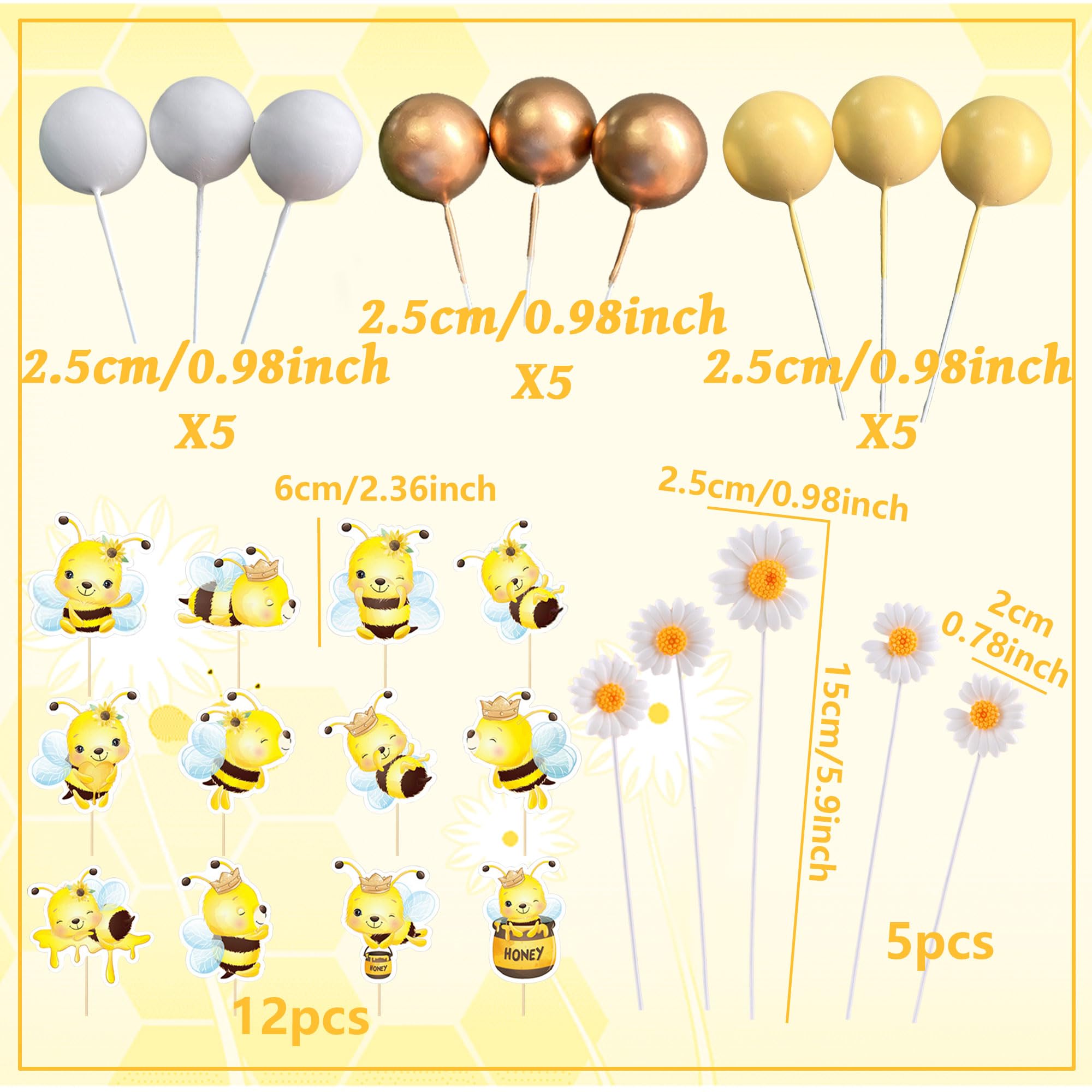 JeVenis Cute Bee Cake Decorations Honey Comb Decorations Bee Cupcake Toppers Daisy Flower Cake Topper for Baby Shower Birthday Bridal Shower