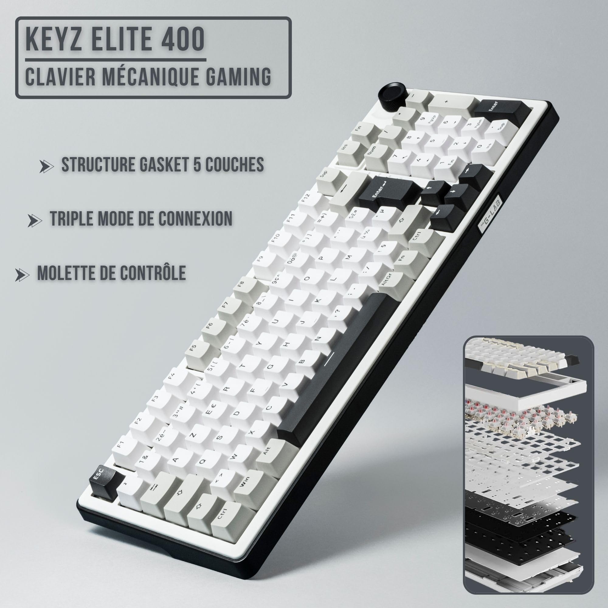 The G-Lab - KEYZ ELITE 400 WG - Bezprzewodowa Klawiatura Gamingowa - Układ AZERTY FR - Mechaniczna Klawiatura z Hot-Swappable Switches, 5-Layer Gasket, Tri-Mode 2.4G/BT/Kabel, RGB i Makra, Win/Mac