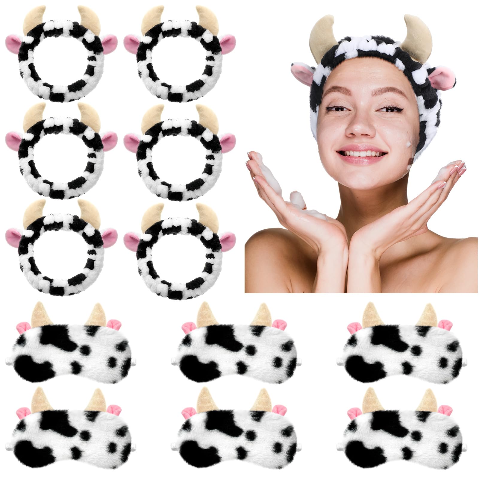 JaGely 12 Pcs Cow Spa Sleepover Party Supplies for Women Soft Cow Ears Makeup Headband for Washing Face Cute Print Sleep Eye Mask for Sleepover