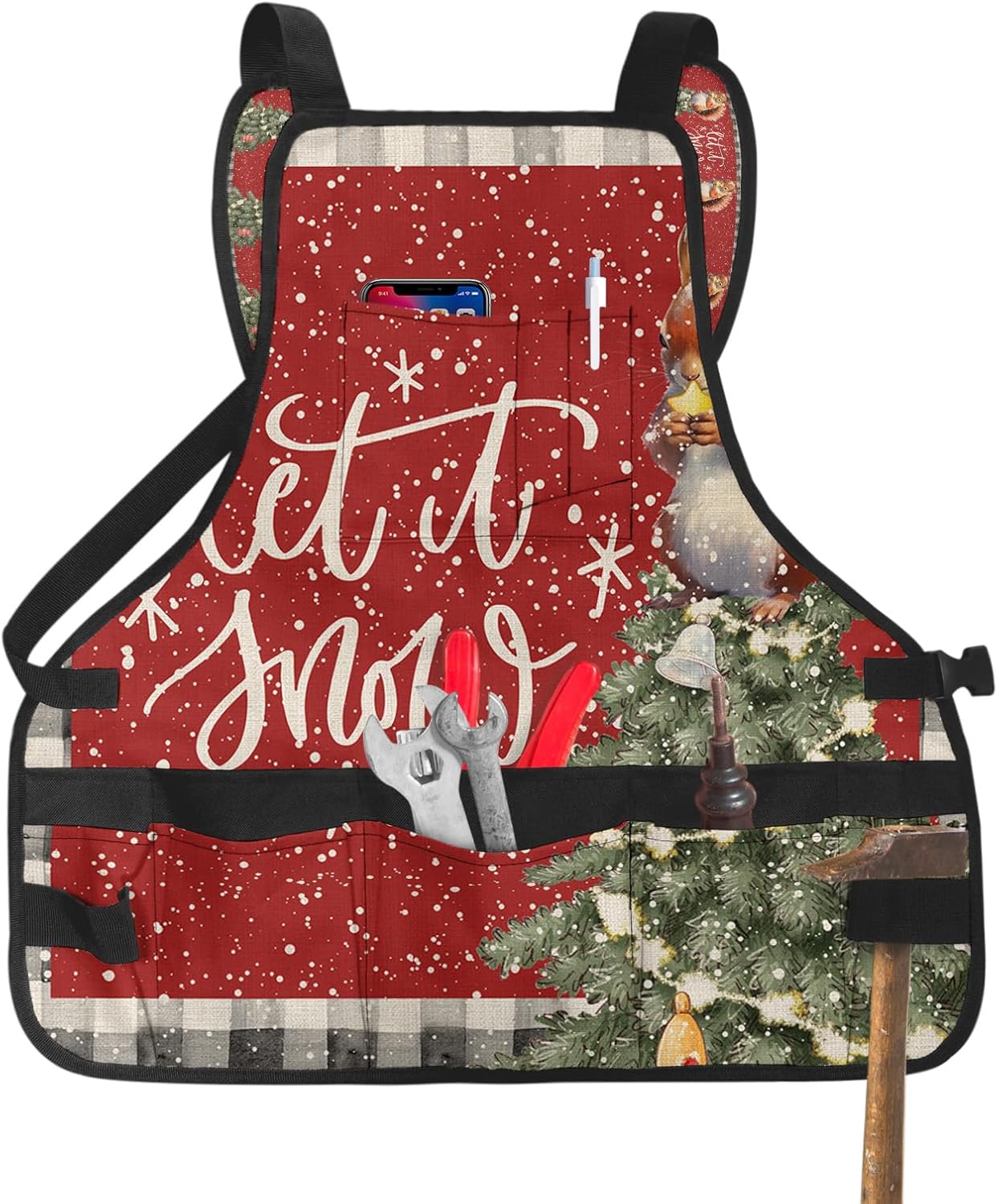 Work Apron for Men Adjustable Woodworking Apron Oxford Apron Marrry Christmas Squirrel Snowflakes Xmas Tree Red Tool Apron