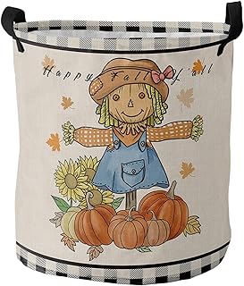 Collapsible Laundry Basket Scarecrow Pumpkin Sunflower Laundry Hamper with Handles Black Buffalo Plaid Storage Basket for Clothes Toys Bedroom Nursery Bathroom 13.8x17in