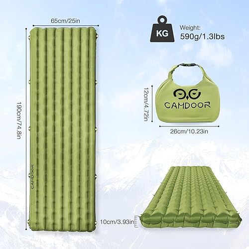 Miniatura 7 de CAMDDOR - Colchoneta de dormir ultraligera, almohadilla de dormir remendable para acampar con cálido colchón de campamento aislado 6.8 R-Value para