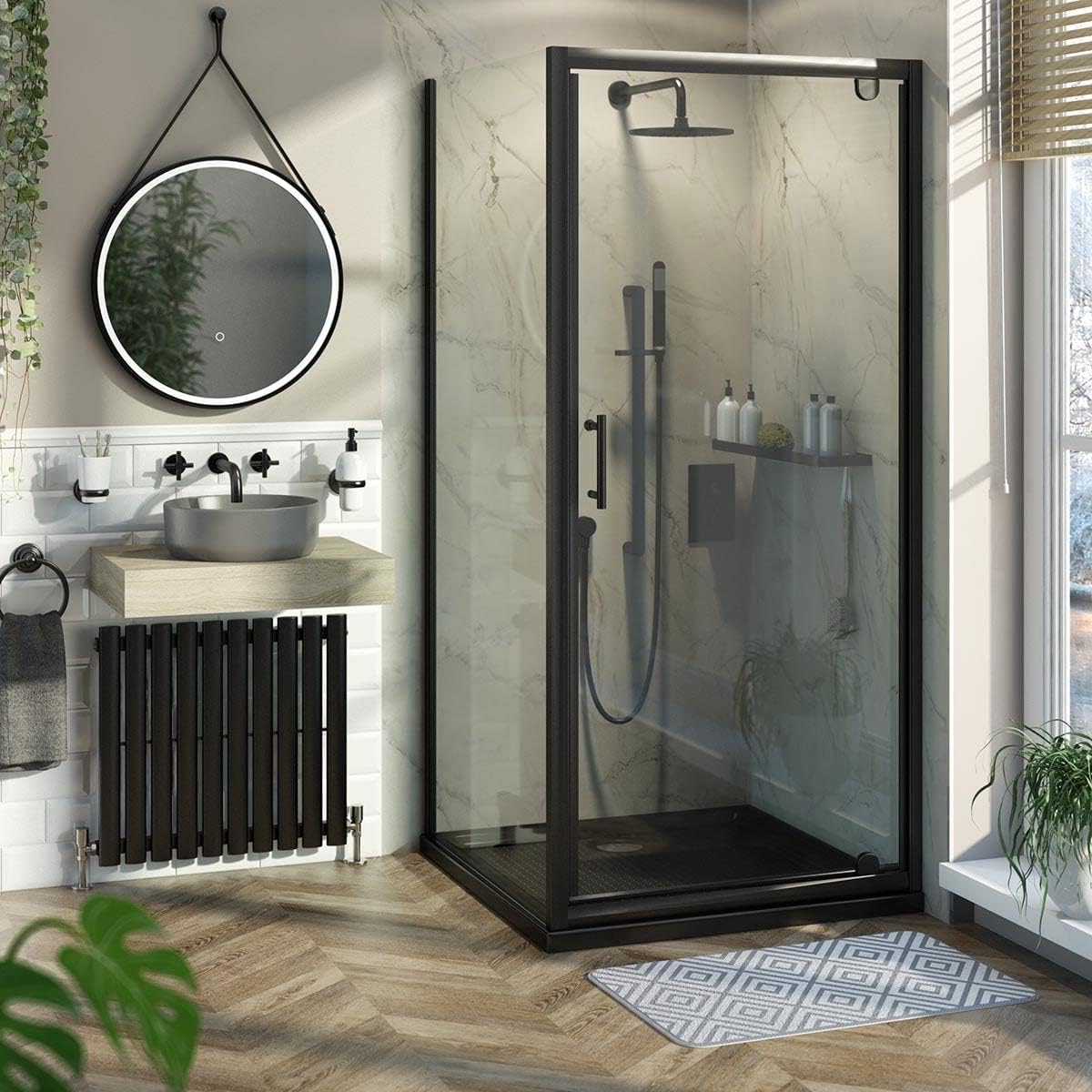 Orchard 6mm matt Black Pivot Shower Enclosure with Black Anti Slip