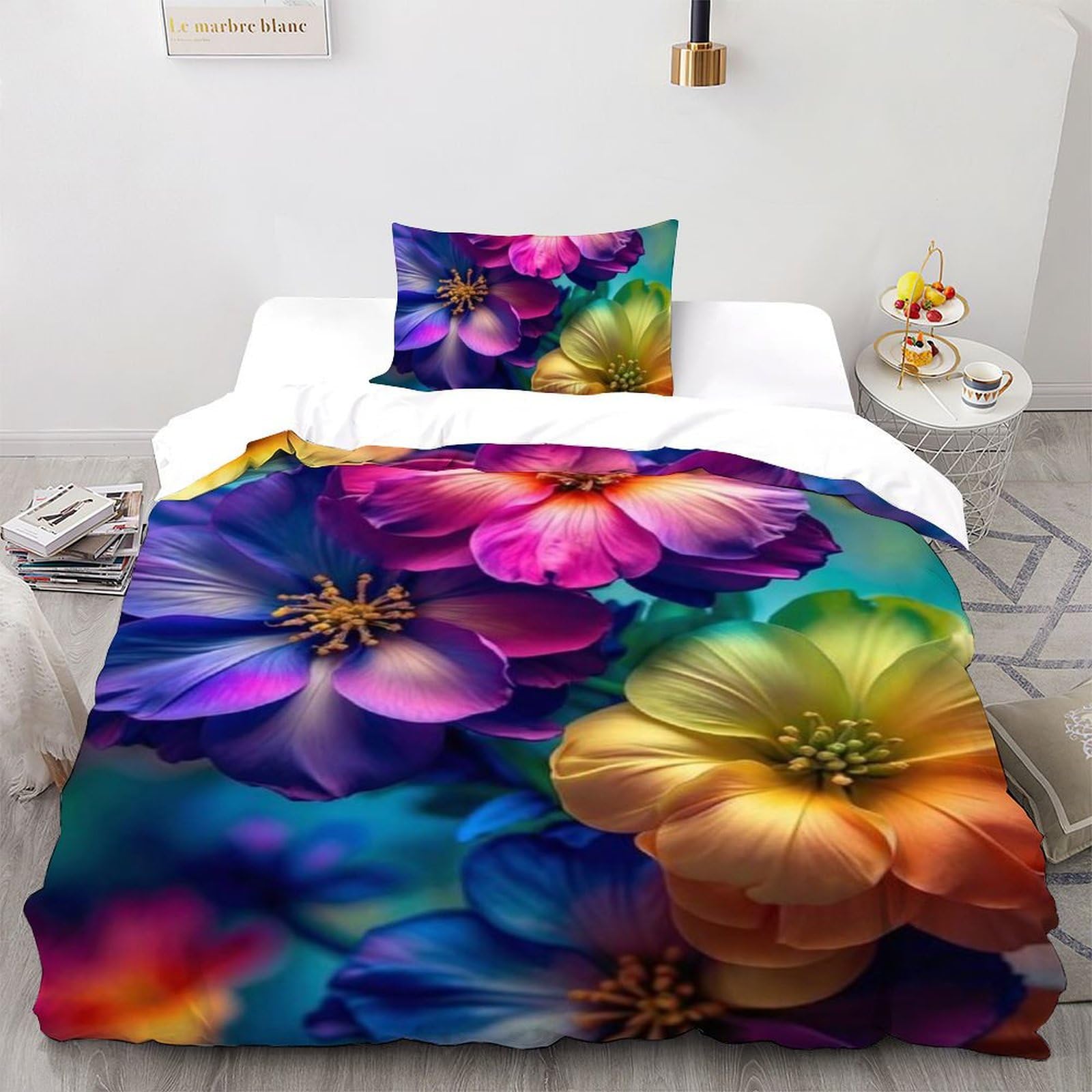 Housse de couette 135x200 fleurs colorées lit 1 personne literie microfibre fille avec taie
