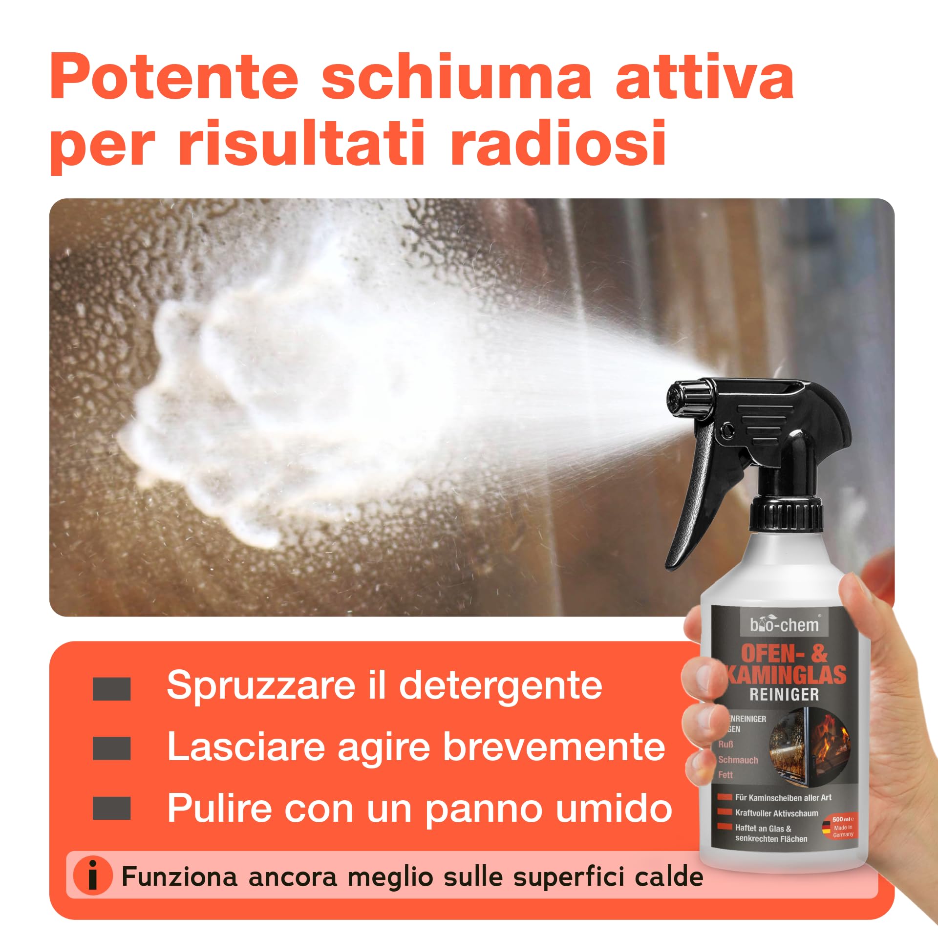 bio-chem Detergente vetro camino stufa inserto 3x 500ml + panno microfibra | Pulitore vetri e caminetti, anche per forno - Manutenzione delle superfici vetrate degli apparecchi riscaldanti