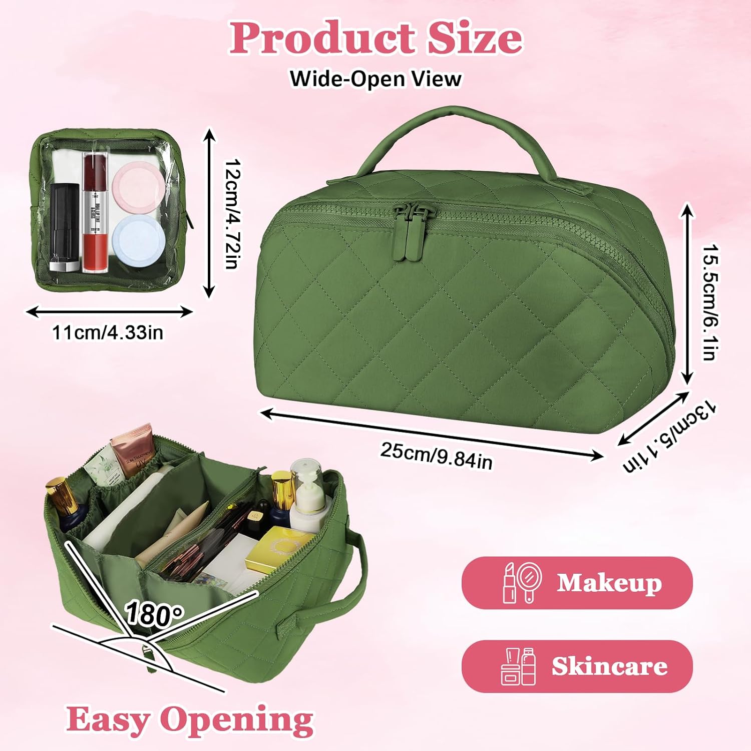 Travel Makeup Bag, Festivalment Wide Open Lay-Flat Water-Resistant Cosmetic Case, Puffy Padded Organizer for Toiletries & Brushes Large Capacity with Compartments - Image 4