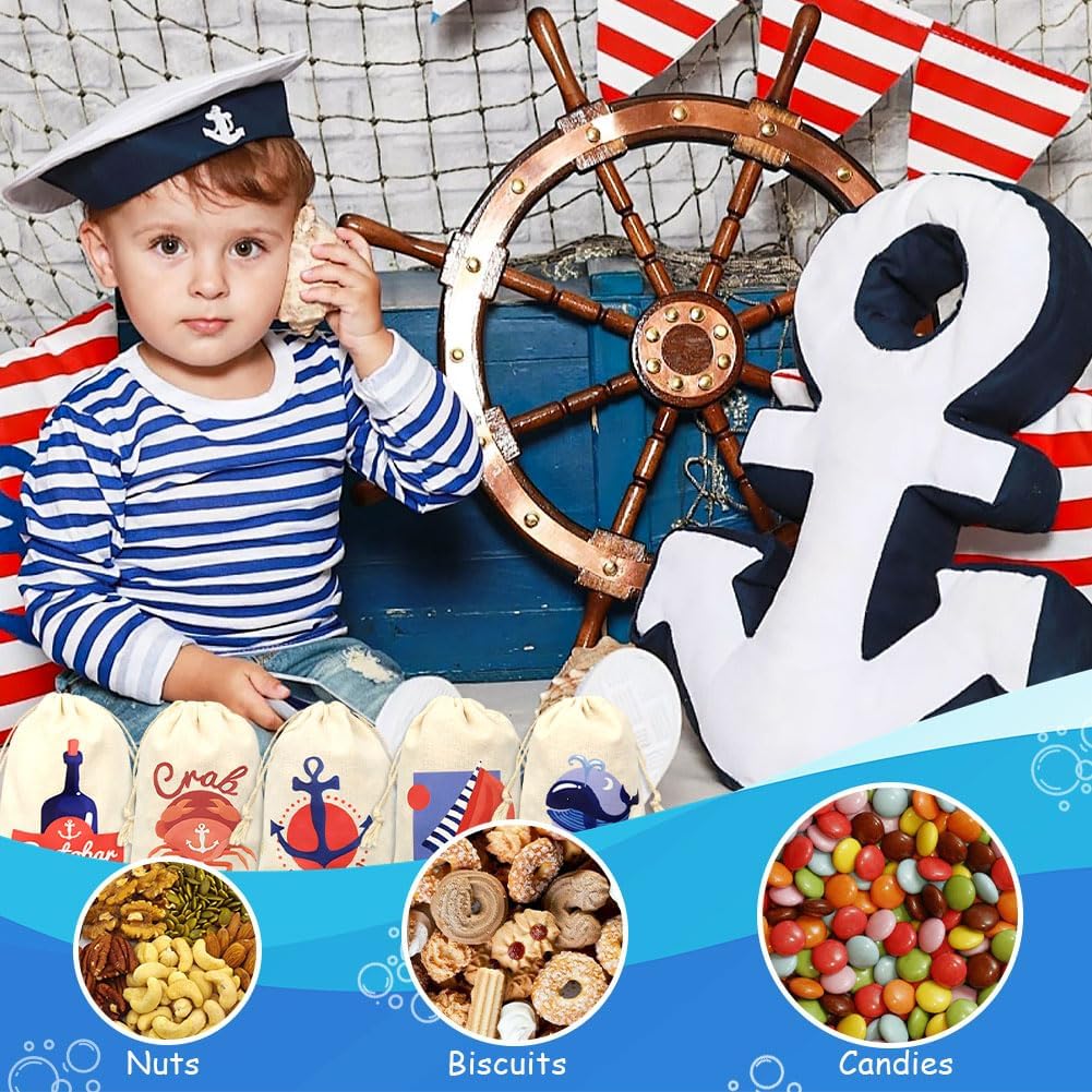 Boerni 9 Pack Nautical Gift Bags Cotton Nautical Anchors Boat Drawstring Bags Cruise Nautical Themed Birthday Party Favor for Baby Shower Wedding Hawaiian Summer Party Supplies