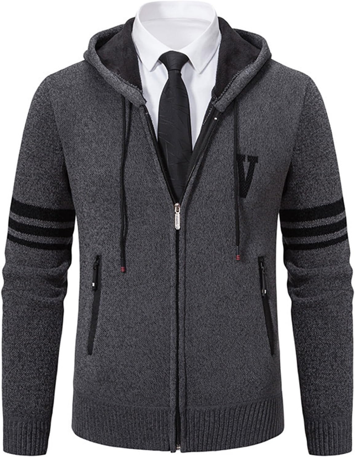 Men's Zip Up Hoodies Long Sleeve Full Zipper Sherpa Fleece Lined Knit Cardigan Sweater Jacket With Pockets, M-3XL