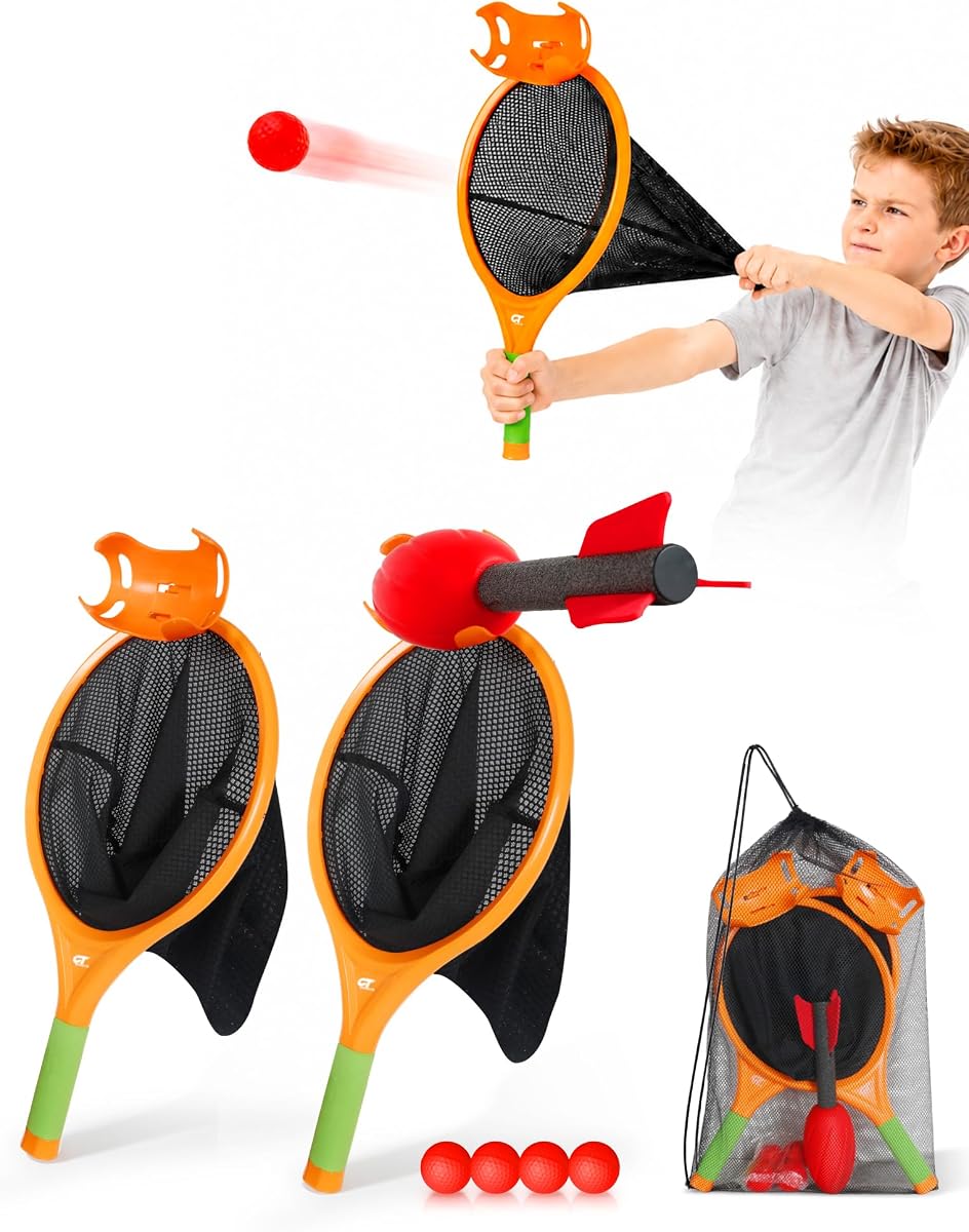 Juego de lanzamiento y captura de pelotas para niños, juego de lanzamiento y captura al aire libre con 2 paletas elásticas, 1 balón de fútbol de espuma, 4 pelotas suaves y bolsa de transporte, práctica en solitario o juego familiar en el patio trasero para jugar en la playa y el césped