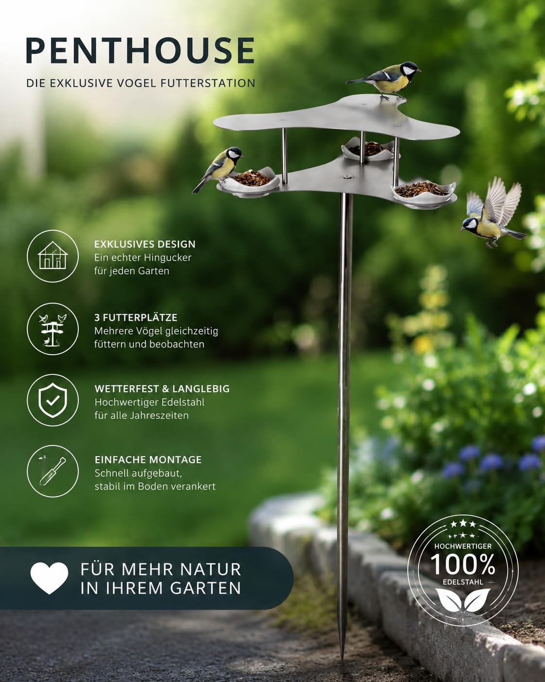 matrasa Design Vogel Futterstation Penthouse - Vogeltränke aus gebürstetem Edelstahl mit Keramikschalen - Vogelfutterstation Vogel Futterstelle 42x33x145 cm
