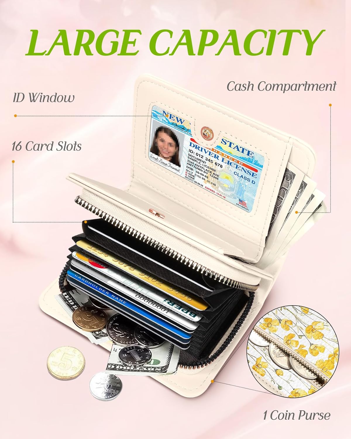 Bistup Credit Card Holder Wallet for Women - Cute Leather Ladies Teen Girls Female Cardholder Wallets Accordion Purse Small Medium Aesthetic Yellow Flower Unique Modern Rfid Zipper Around - Image 3