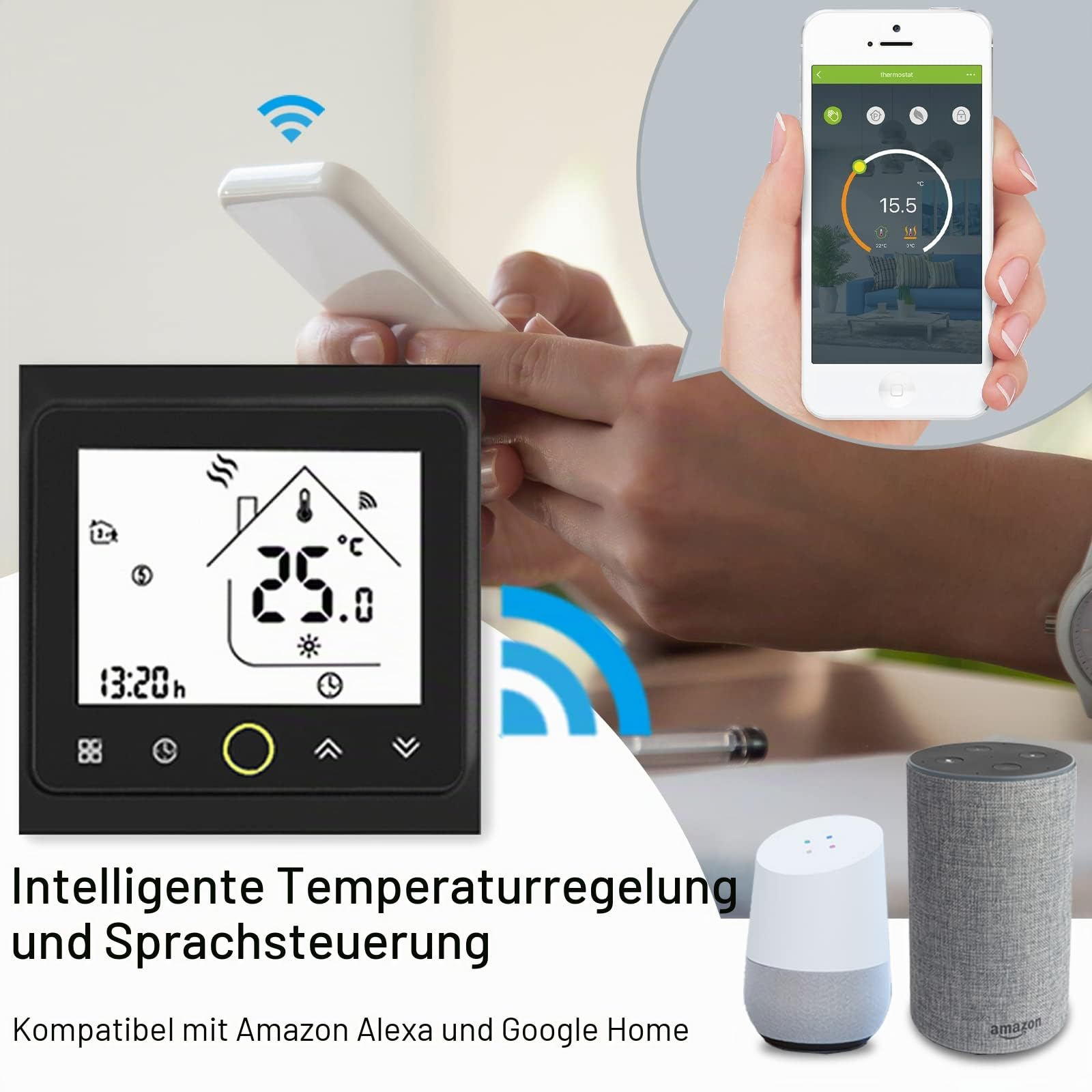 MOES Smart Thermostat WLAN Temperaturregler Smart Life/Tuya APP Fernbedienung für elektrische Heizung，Kompatibel mit Alexa Google Home 16A(Schwarz) | 16A Temperaturregler, Fernbedienung über Smart Life/Tuya App, Alexa/Google kompatibel