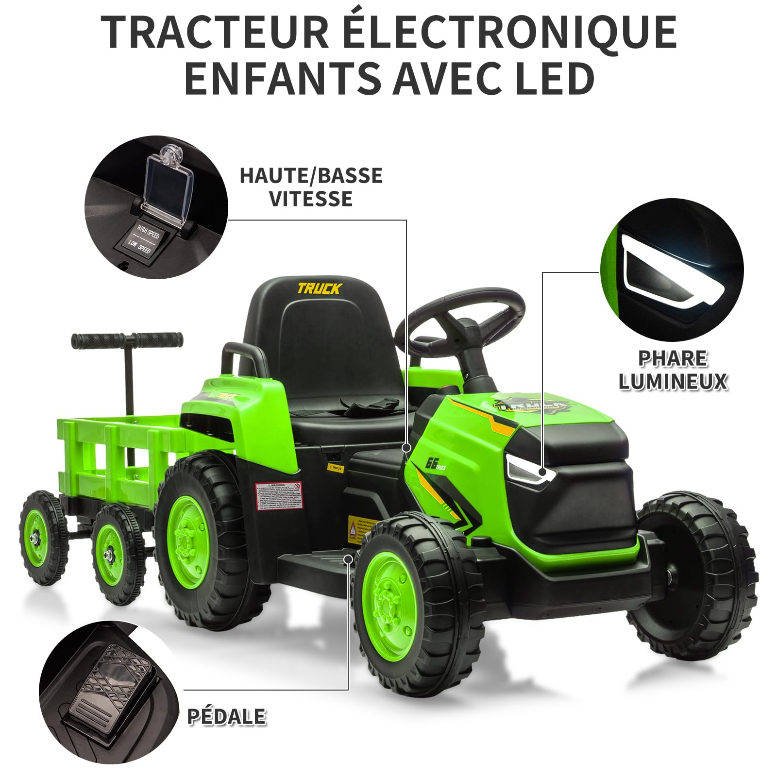 12V Kinder Elektrotraktor mit abnehmbarem Anhänger – 6 Räder, Doppelmotor, LED-Lichter, Musik & Hupe, 2,4G Fernbedienung, Sicherheitsgurt, 3 Geschwindigkeiten, wiederaufladbare Batterie –