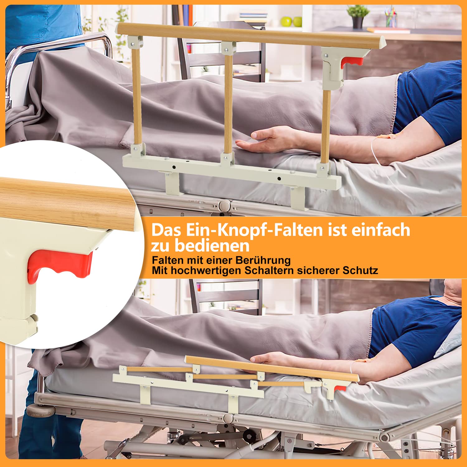 Barriera Letto Per Anziani - Griglia Pieghevole, 4 Marce, In Metallo Con Design Legno - Foto 6