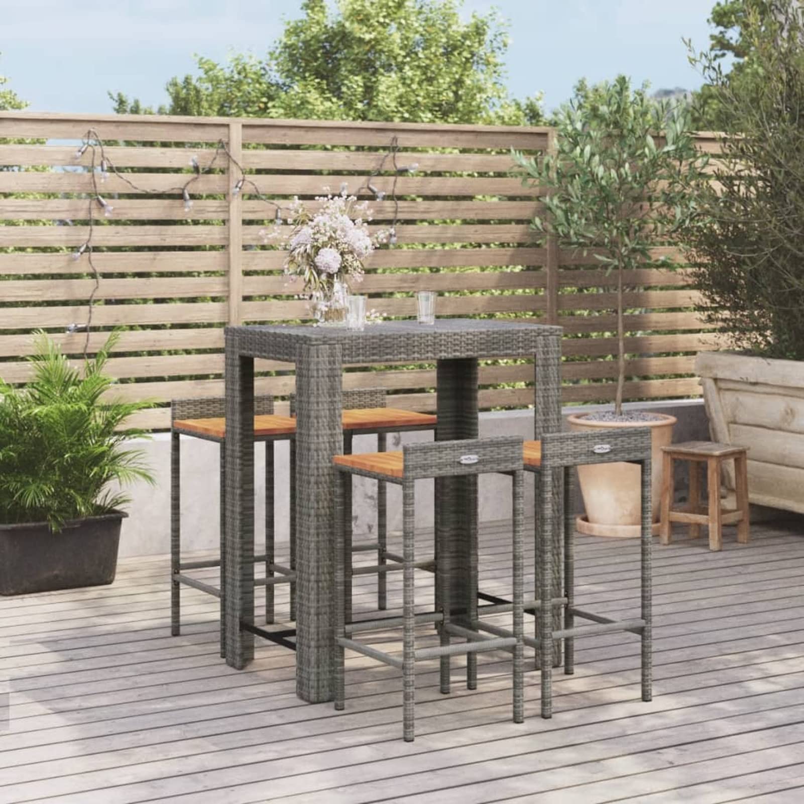 Homgoday Tavolo Bar e sgabelli da giardino 5 pezzi Legno Acacia Rattan PE Grigio, Set da Tavolo Alto e Sgabelli Colazione Mobili Bar Sala da Pranzo Cucina Sedia Mobili Casa Funzionali Patio Ristorante