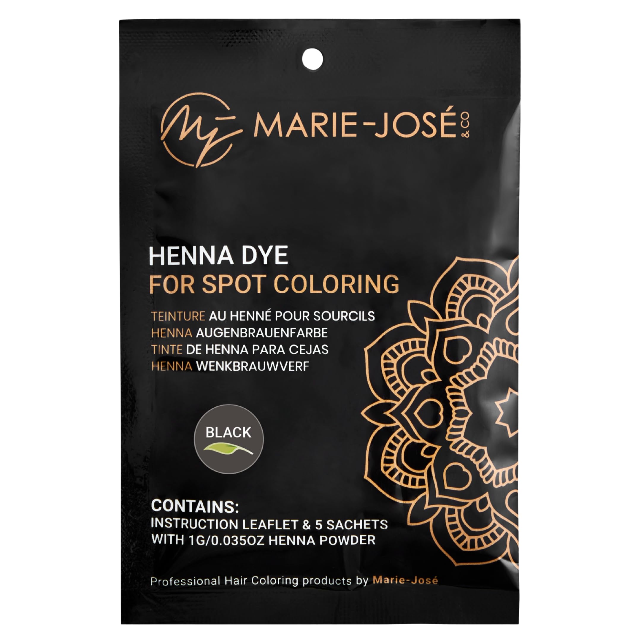 Marie-José & Co Black Henna Tint Kit Eyebrow Dye, Eyebrow Spot Coloring, Long-Lasting Eyebrow Powder, Water & Smudge Proof, 5 Sachets, Good for 50 Applications