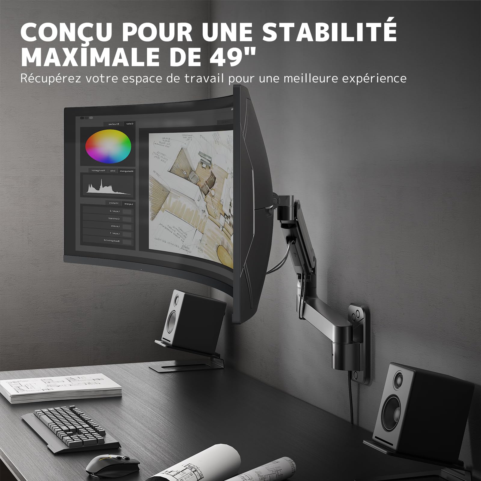 Support Mural Ecran PC pour Moniteurs de 17 à 49 Pouces, Bras Ecran PC à Ressort à Gaz, Inclinaison, Pivotement, Rotation et Hauteur Réglable, Max Load 20 KG, VESA 75/100 mm, Noir