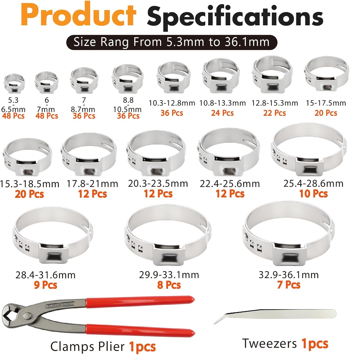 360Pcs 304 Stainless Steel Vibration-Resistant Single Ear Hose Clamp Kit | 16 Sizes 5.3-36.1mm for High-Pressure Lines | with Pliers, Tweezers & Box for Automotive, Plumbing, HVAC, Marine