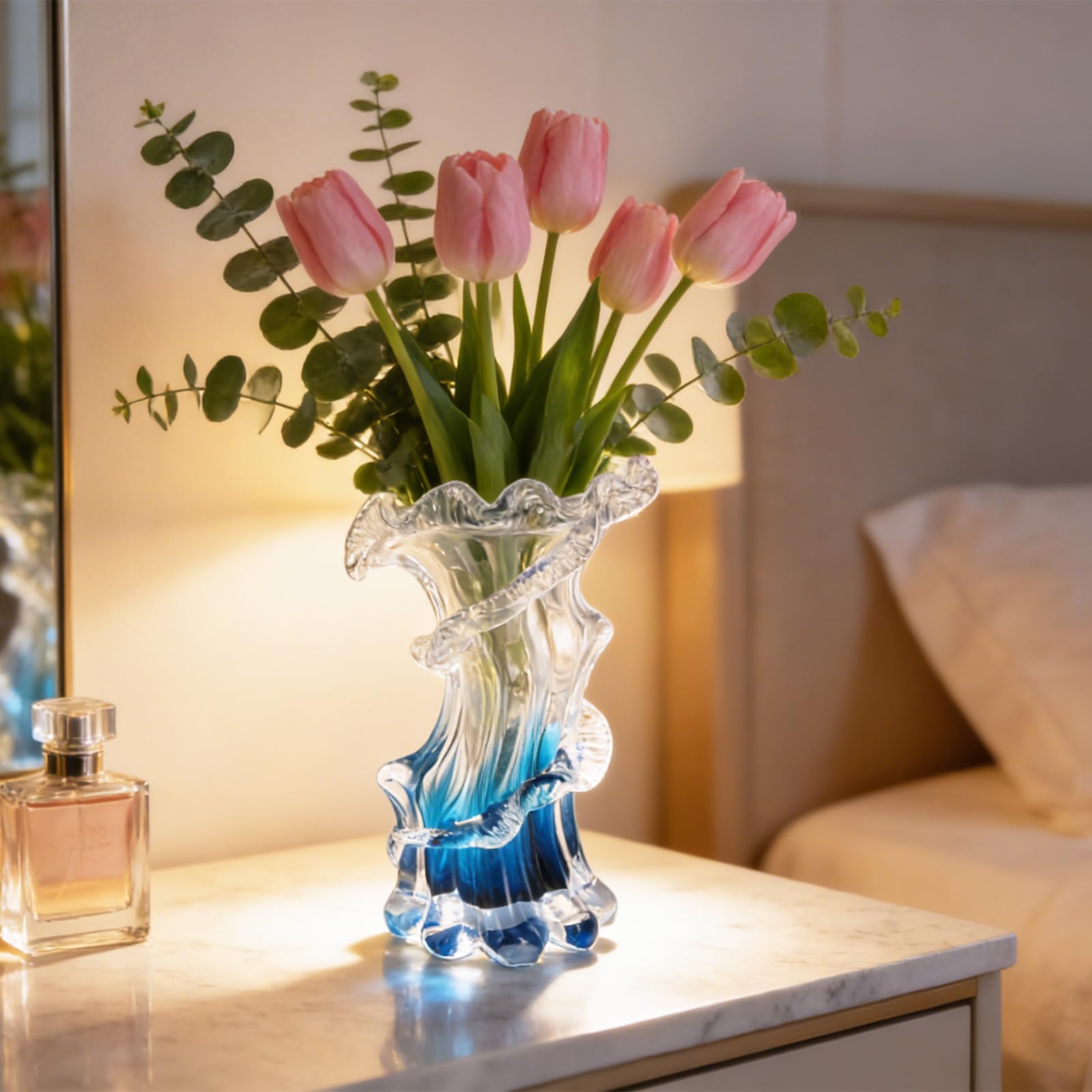 Jarrón único de vidrio azul soplado a mano, jarrón artístico de flores azul degradado para decoración del hogar, centros de mesa y estante de oficina