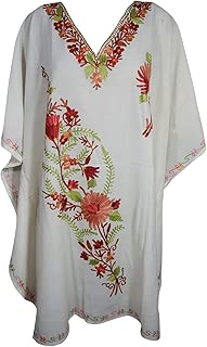 Mogul Interior Women's Beach Kaftan Dress White Embroidered Maternity Cotton Caftan 3XL