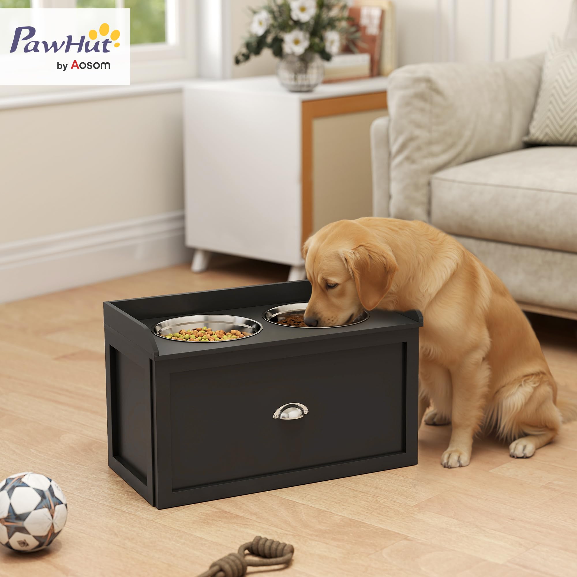 PawHut Gamelles Chiens Surélevées Rangement 2 en 1 Tiroir 2L Noir