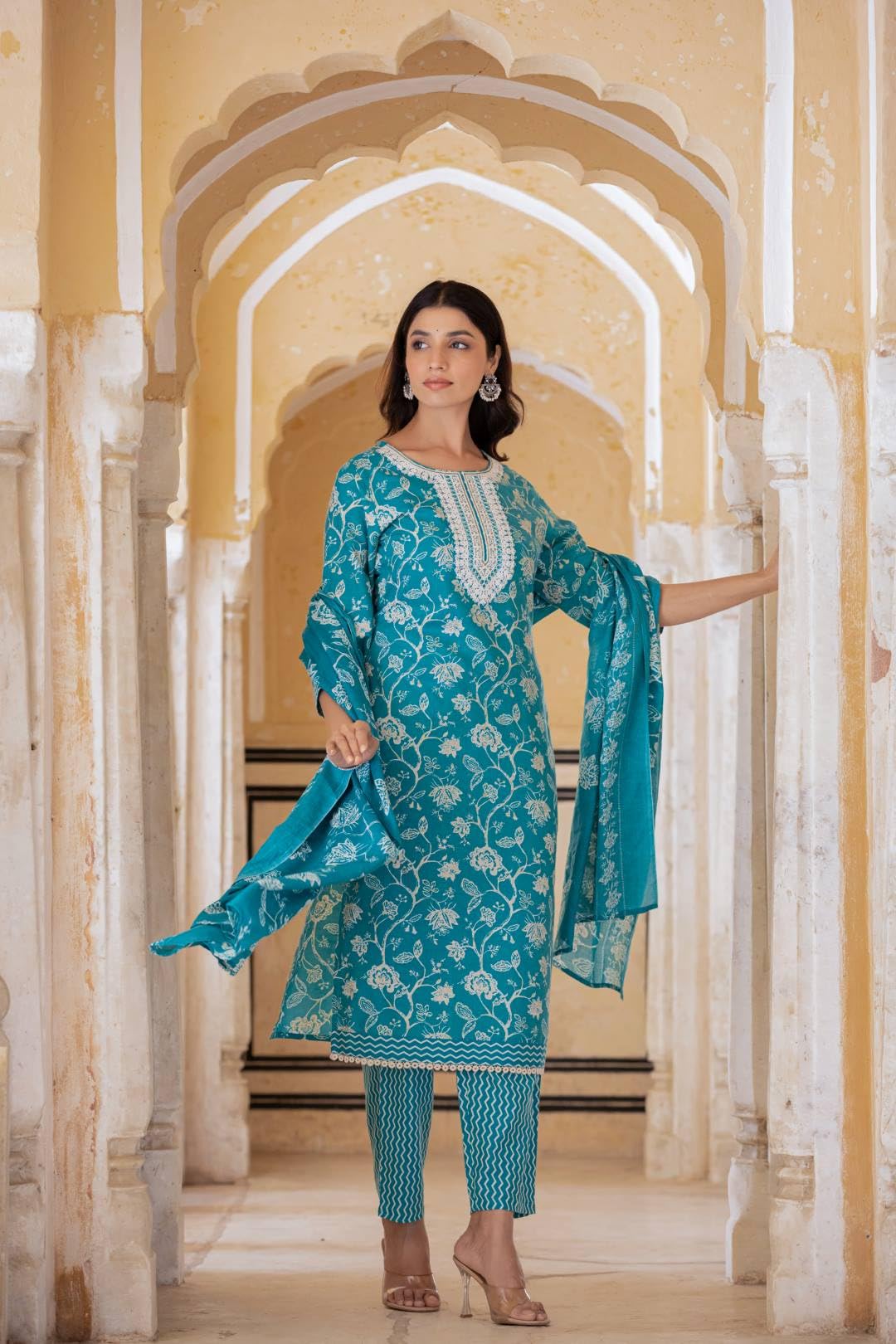 Varanga Women Blue Printed Round Neck Straight Kurta With Thread Embroidered Yoke, Three-Quarter Sleeves, Side Slits, Paired With Printed Bottom And Dupatta
