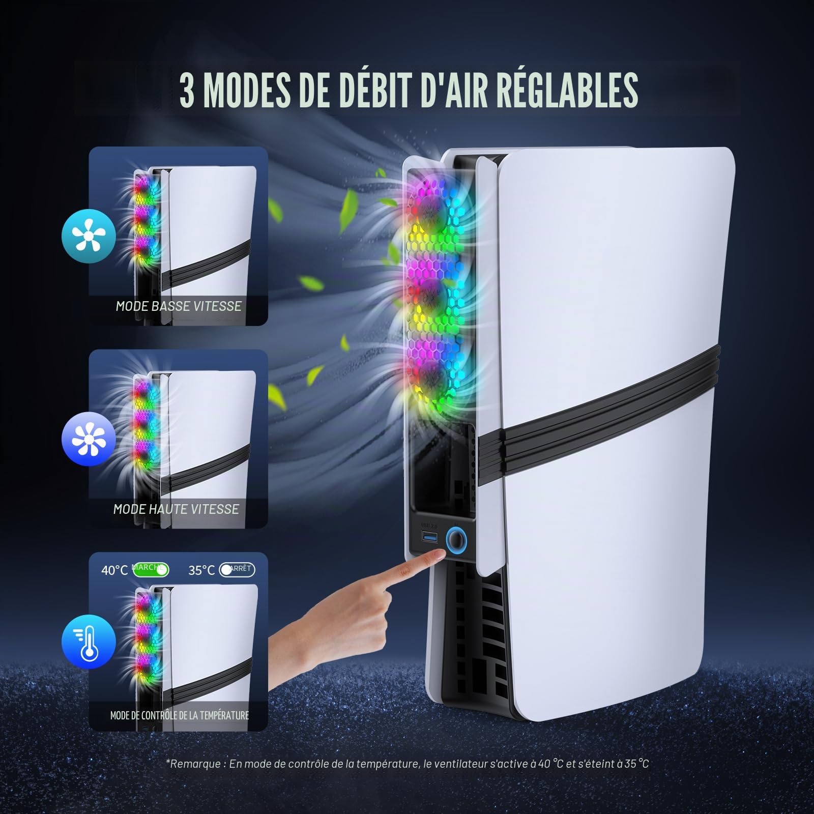 Ventilateur de refroidissement haute vitesse pour console PS5 Pro/Slim - Contrôle automatique de la température, faible bruit, éclairage RVB et port USB 3.0