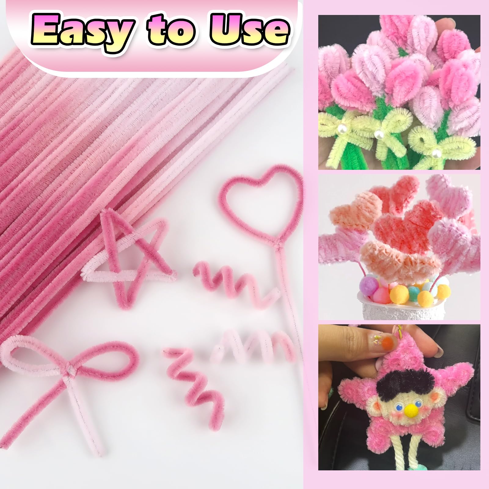 TOAOB 100pcs Chenille Wire Rods for Cure Pipes Cleaner Gradient Light Pink 6 mm x 300 mm with 10 Pcs Latex Finger Cots for DIY Crafts and Decoration - Image 4
