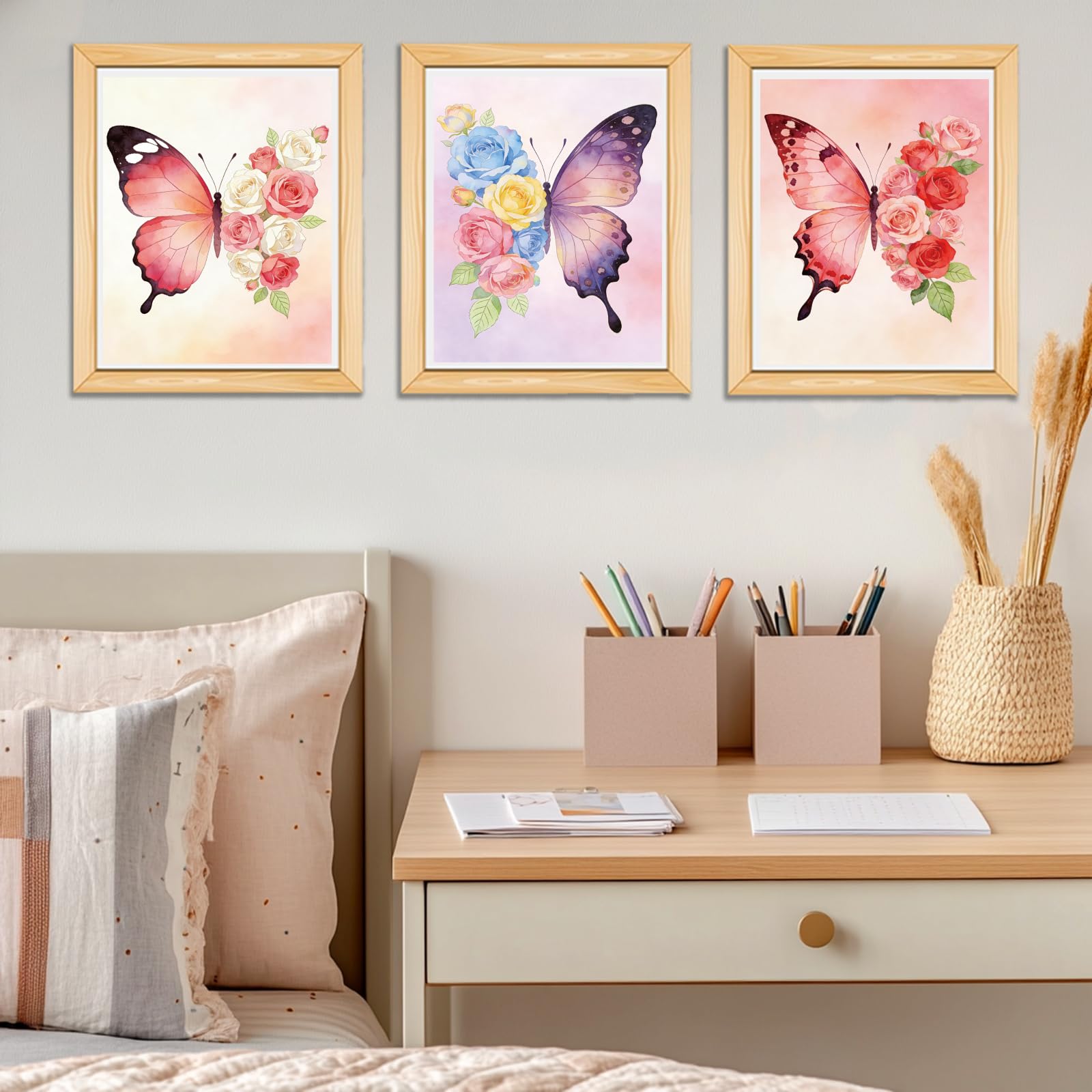 MAYJOYDIY 12 tele pre-disegnate con farfalle e fiori per dipingere, girasole, rosa, magnolia, 25 x 20 cm, motivo: farfalla, fiori esotici, fai da te, per principianti, bomboniere