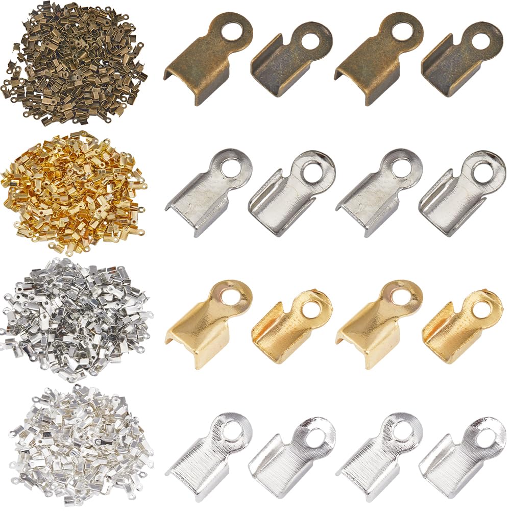 SOFPLATE 1 Box 1200Pcs 4 Colors 3mm Fold Over Cord Ends Crimp End Findings Terminators Crimps Tips Iron Leather Folding Clasp Connector for Jewelry Making Necklaces Bracelets Supplies DIY Crafts