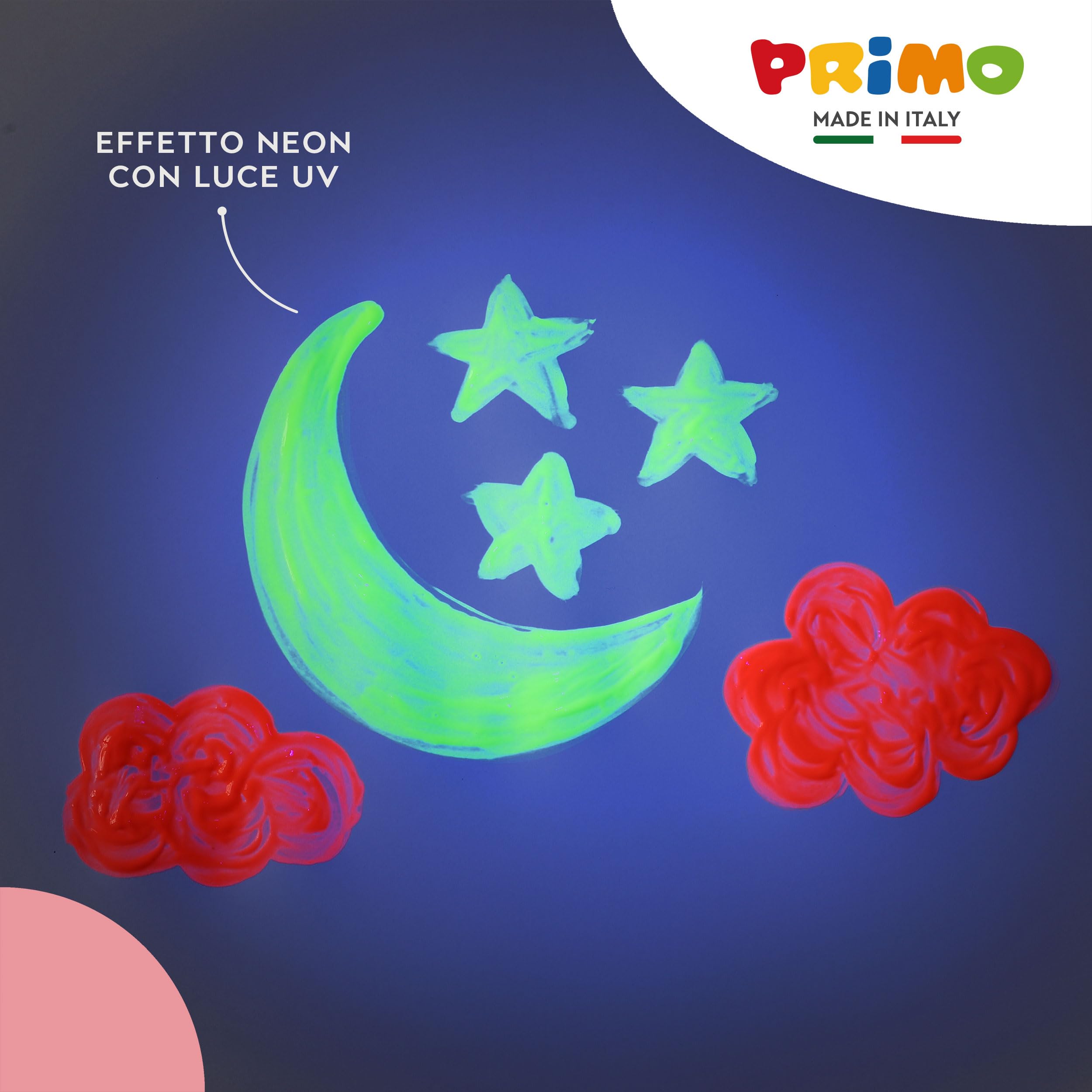 PRIMO - Valigetta Colori per Bambini +2 Anni Prima Infanzia, Tempere per Dipingere a Dita 100g 6 Colori Fluo per Carta Vetro, Tempera Pittura Cartoleria e Lavoretti Creativi Dermatologicamente Testata